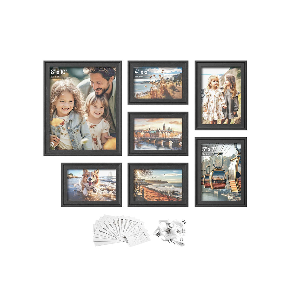 Set of 10 Picture Frames – MDF and Glass – Ash Black – Hanging or Tabletop Display with Non-Trace Nails