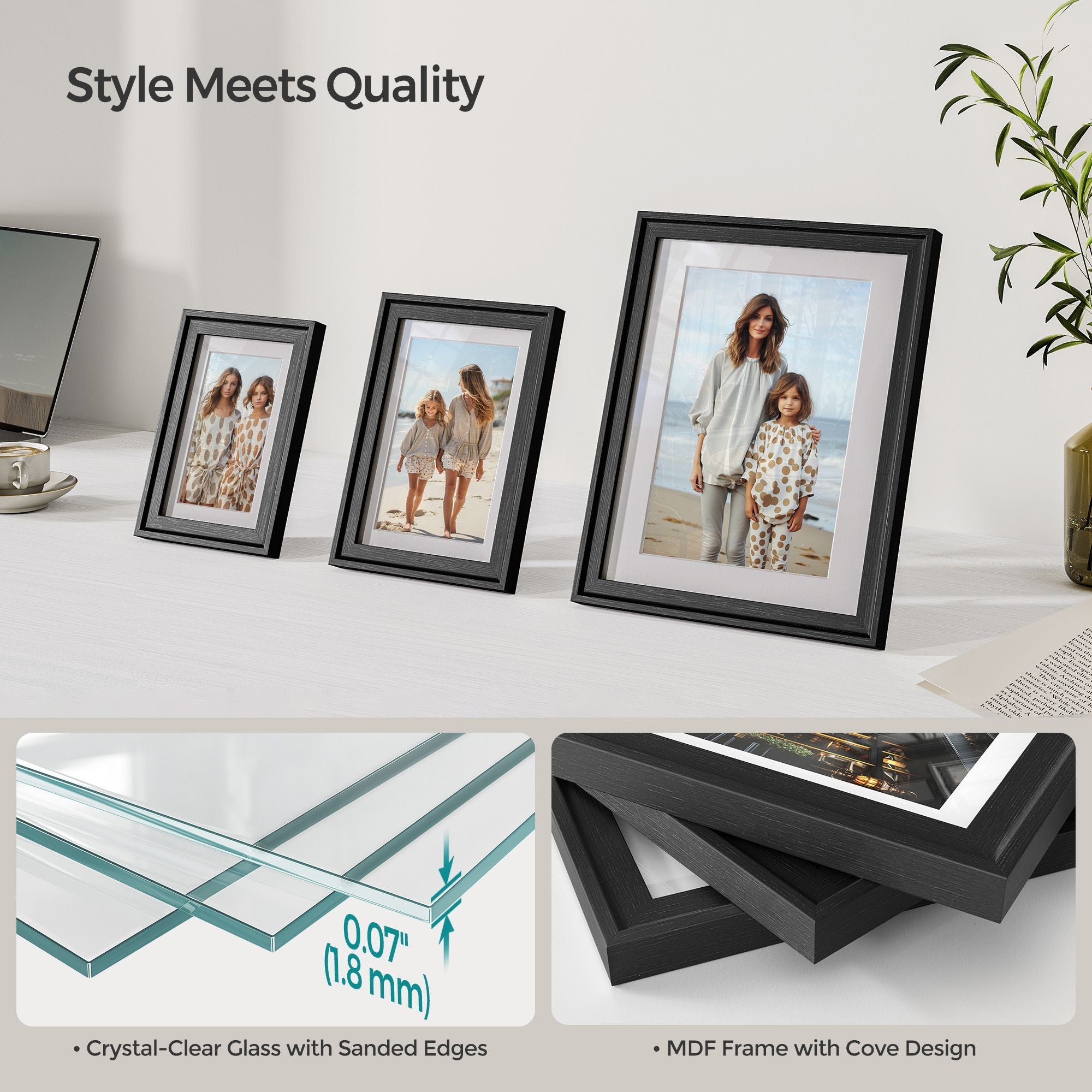 Set of 10 Picture Frames – MDF and Glass – Ash Black – Hanging or Tabletop Display with Non-Trace Nails
