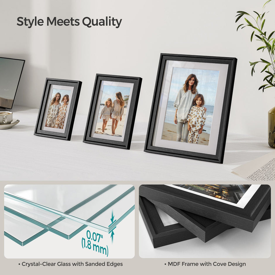 Set of 10 Picture Frames – MDF and Glass – Ash Black – Hanging or Tabletop Display with Non-Trace Nails