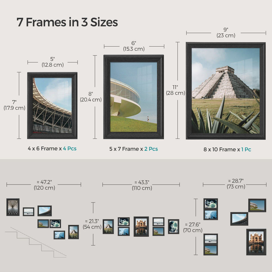 Set of 10 Picture Frames – MDF and Glass – Ash Black – Hanging or Tabletop Display with Non-Trace Nails