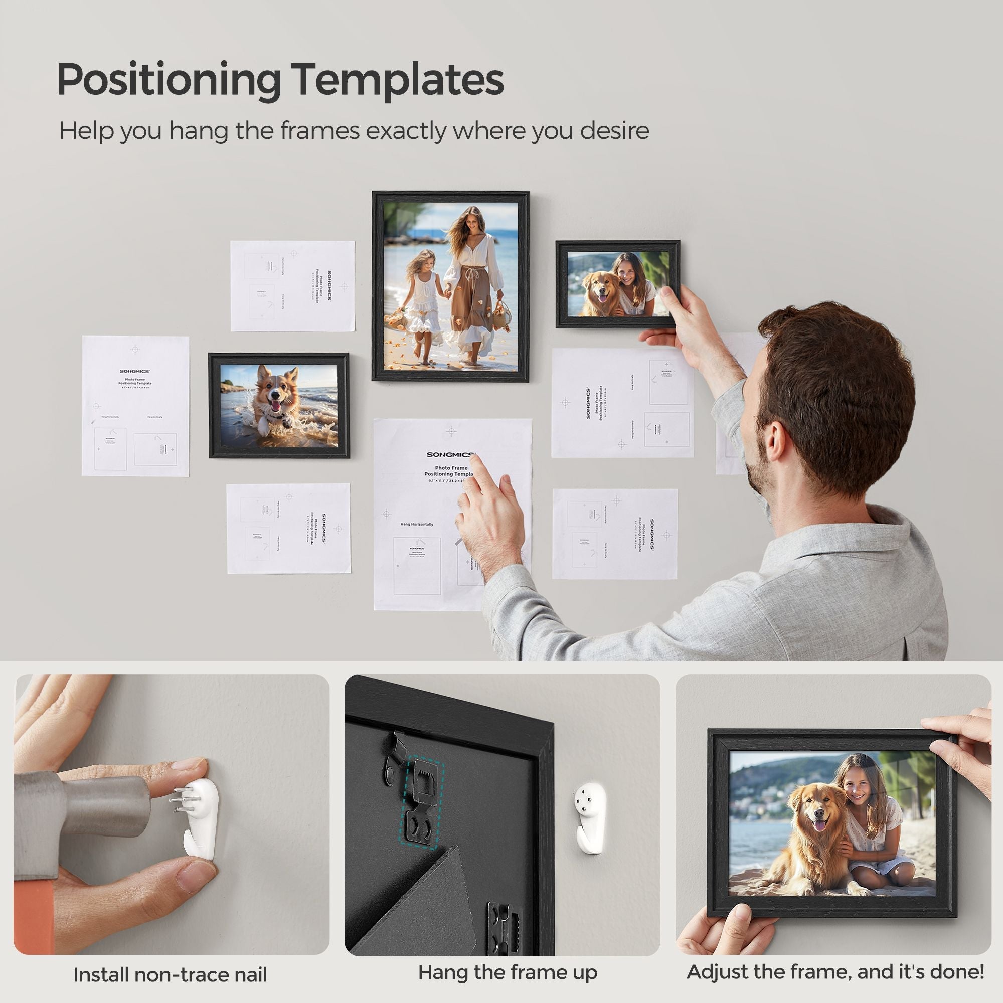 Set of 10 Picture Frames – MDF and Glass – Ash Black – Hanging or Tabletop Display with Non-Trace Nails