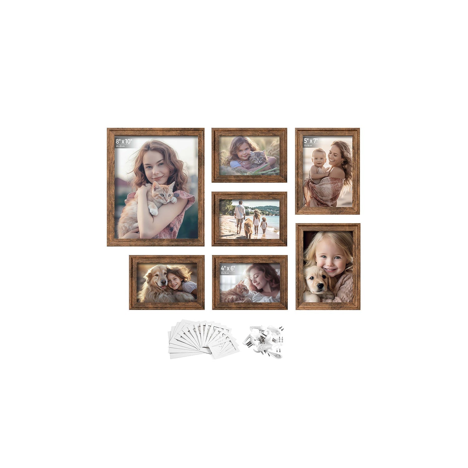 Picture Frame Set – MDF and Glass – Rustic Brown – Includes 10 Frames with Mats for Versatile Display