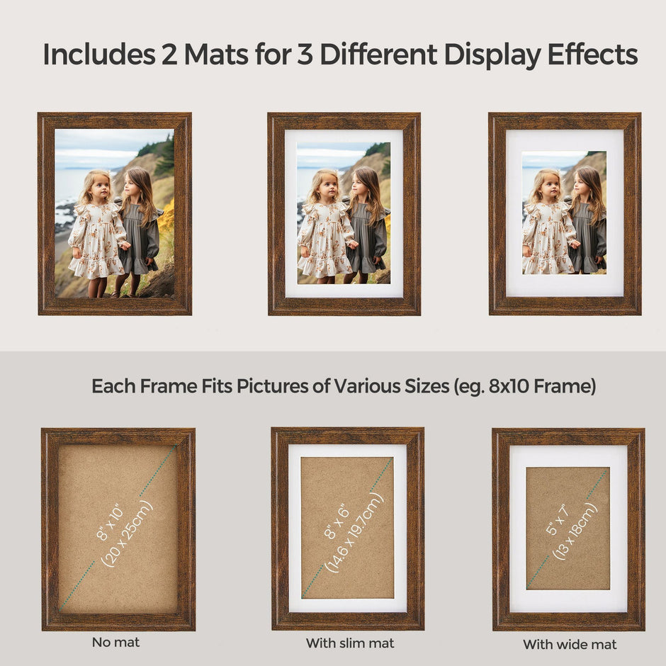 Picture Frame Set – MDF and Glass – Rustic Brown – Includes 10 Frames with Mats for Versatile Display