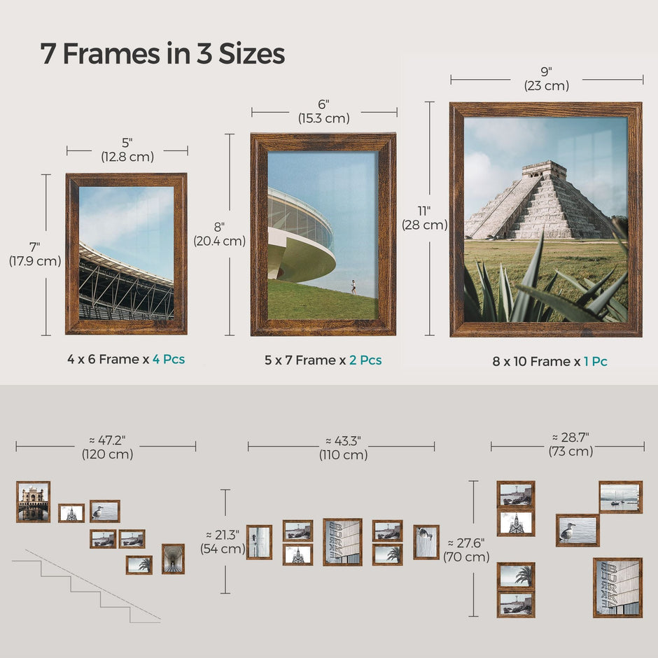 Picture Frame Set – MDF and Glass – Rustic Brown – Includes 10 Frames with Mats for Versatile Display