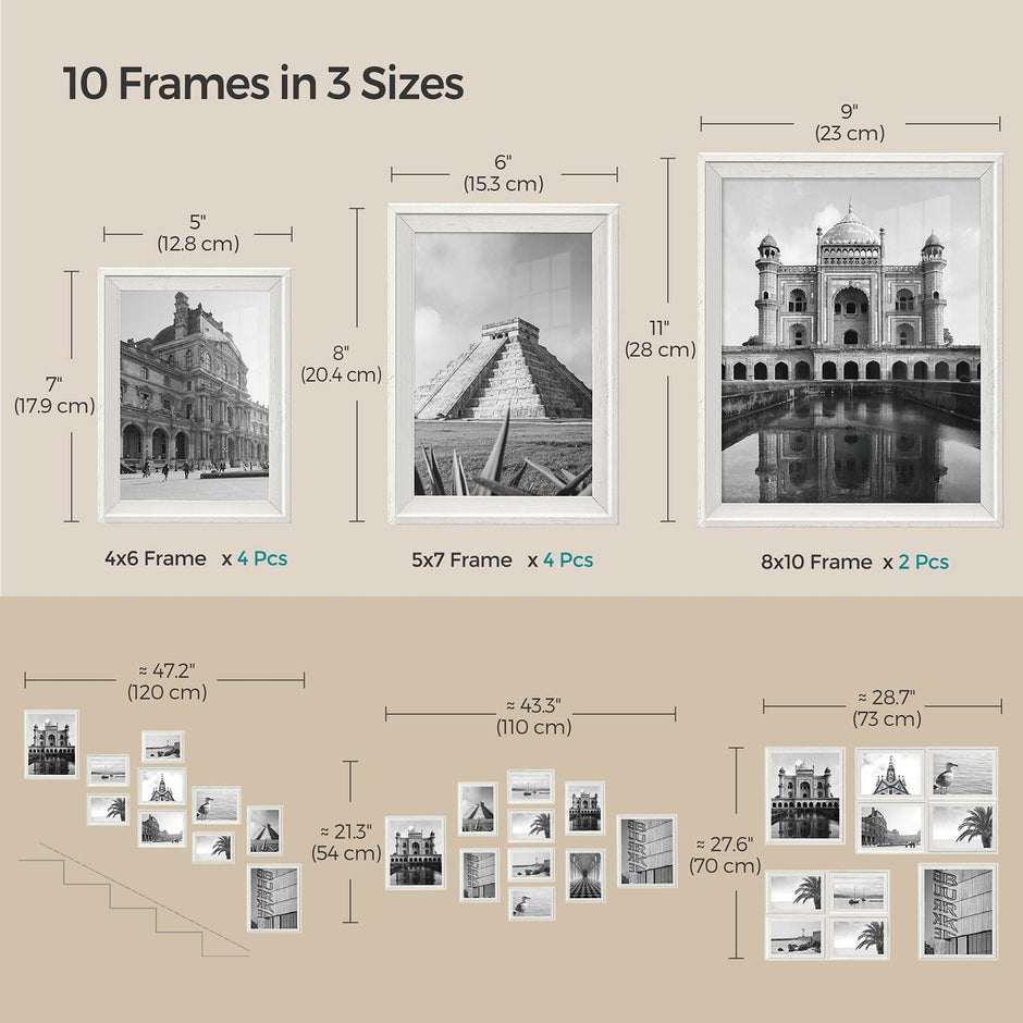 Picture Frames Set – MDF and Glass – Various Sizes – Includes 16 Mats and 12 Non-Trace Nails