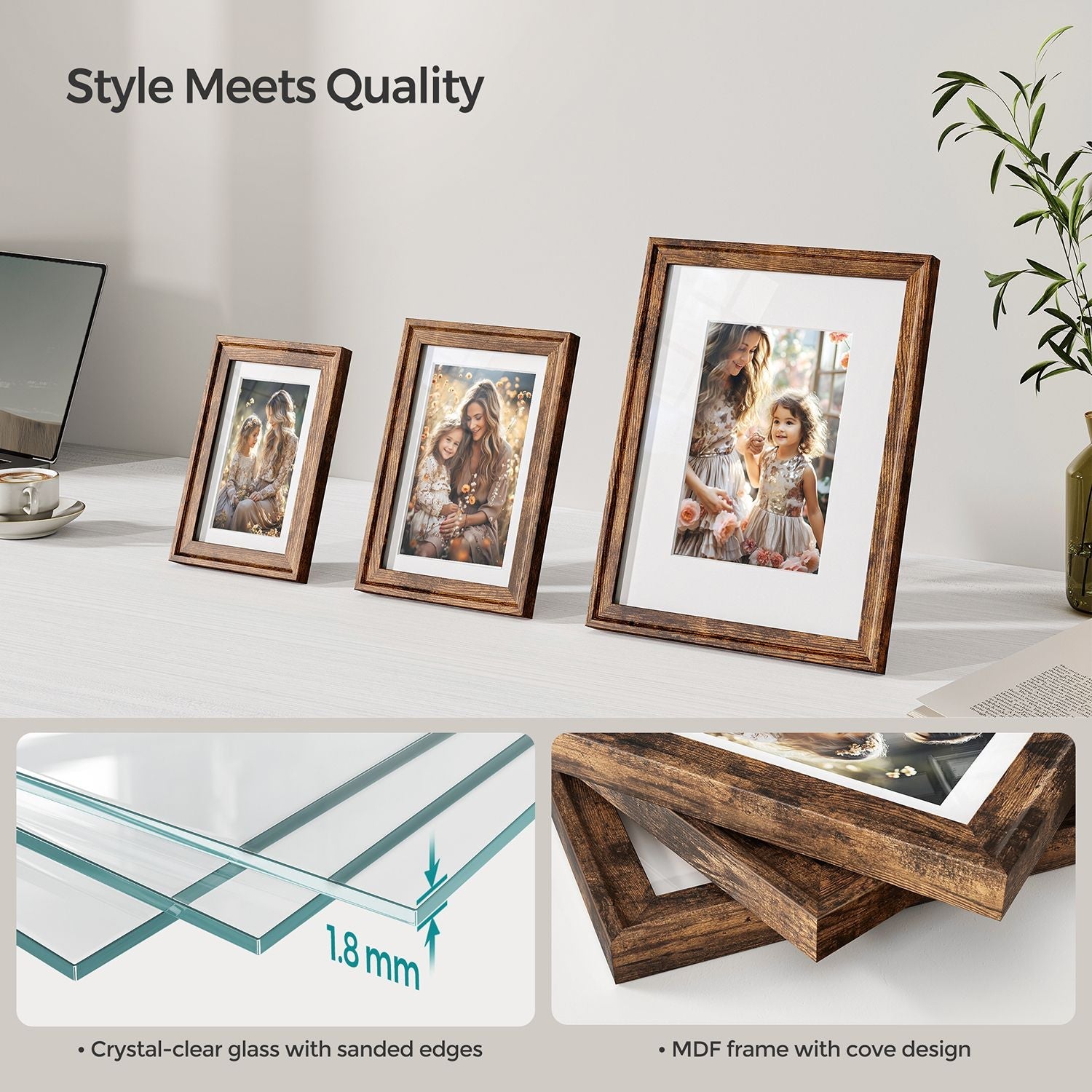 Picture Frames Set – MDF and Glass – Various Sizes – Includes 16 Mats and 12 Non-Trace Nails