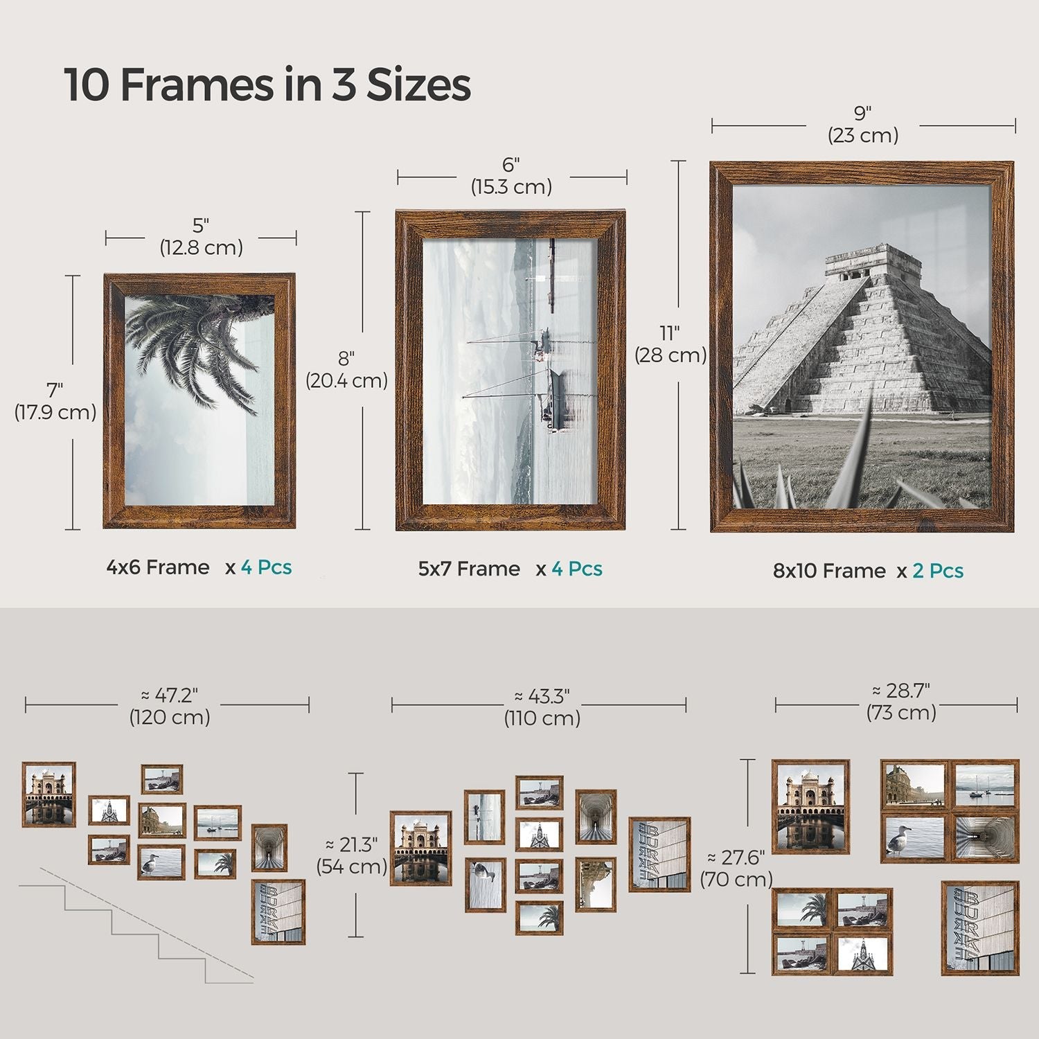 Picture Frames Set – MDF and Glass – Various Sizes – Includes 16 Mats and 12 Non-Trace Nails