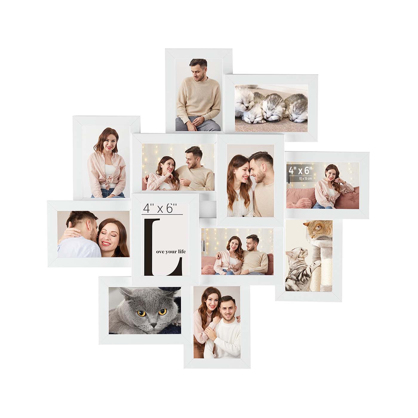 Picture Collage Frame – White Wood Grain – 12 Photos – Wall Mounted, Assembly Required