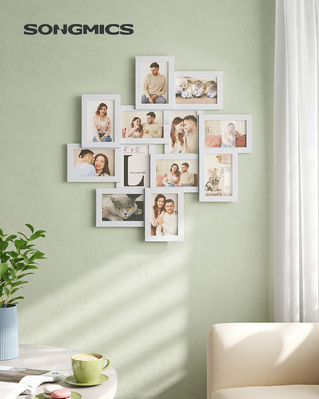 Picture Collage Frame – White Wood Grain – 12 Photos – Wall Mounted, Assembly Required