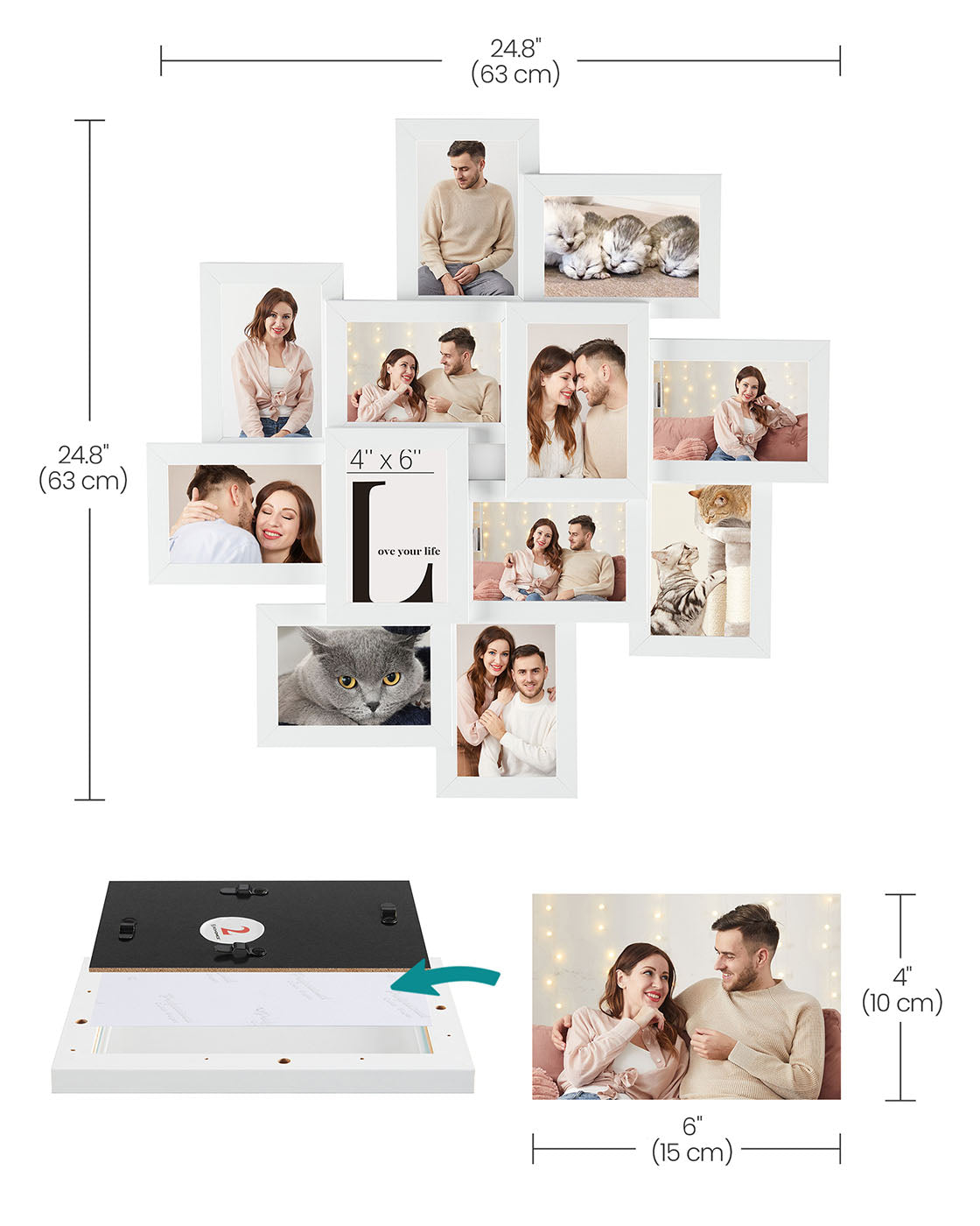 Picture Collage Frame – White Wood Grain – 12 Photos – Wall Mounted, Assembly Required