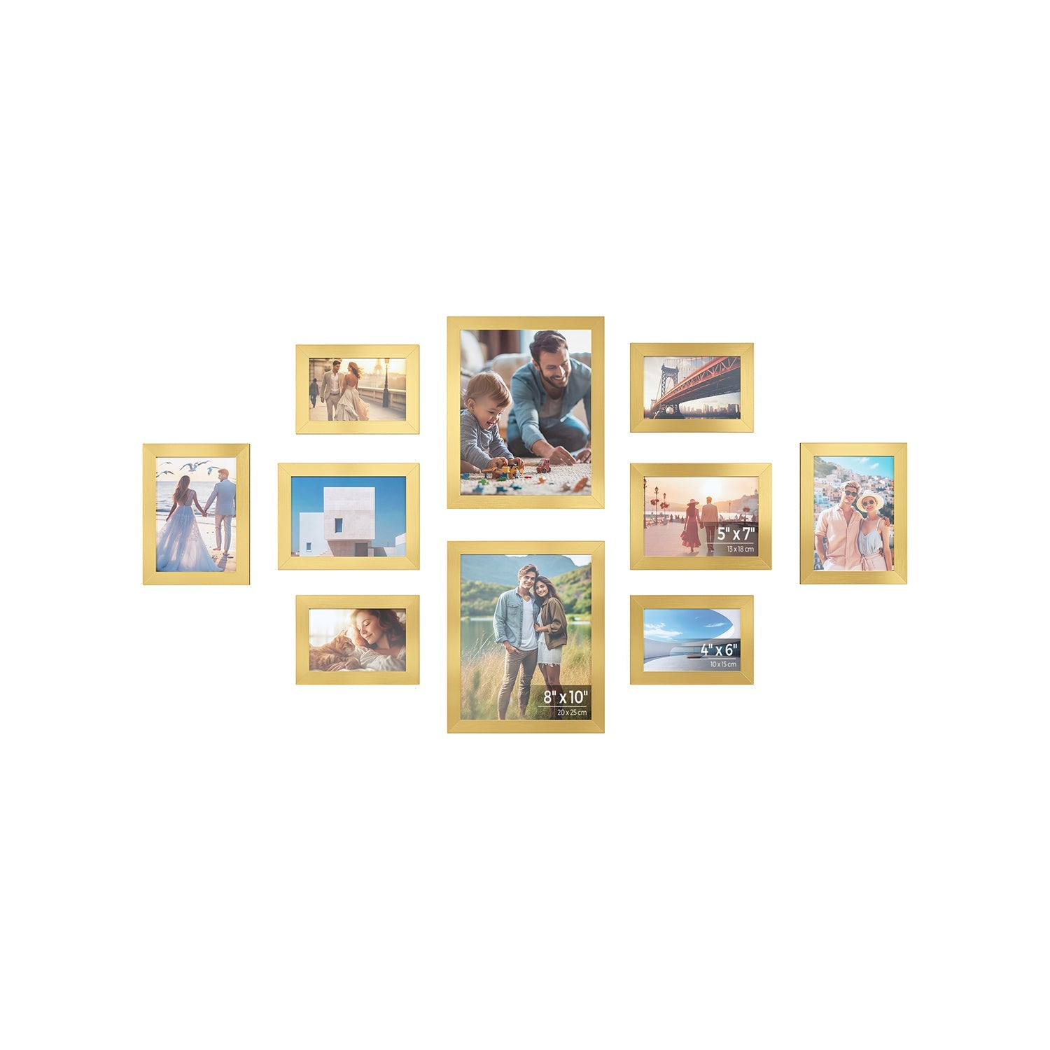 Set of 10 Picture Frames – Pale Gold – Assorted Sizes – Elegant Design