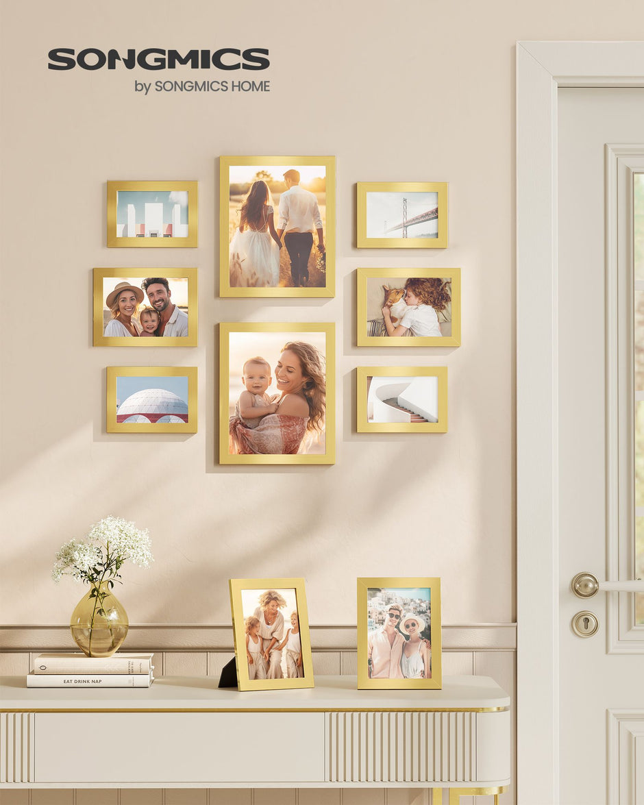 Set of 10 Picture Frames – Pale Gold – Assorted Sizes – Elegant Design