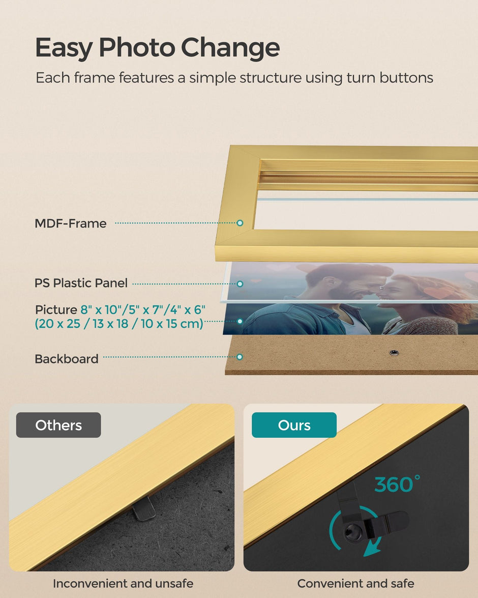 Set of 10 Picture Frames – Pale Gold – Assorted Sizes – Elegant Design