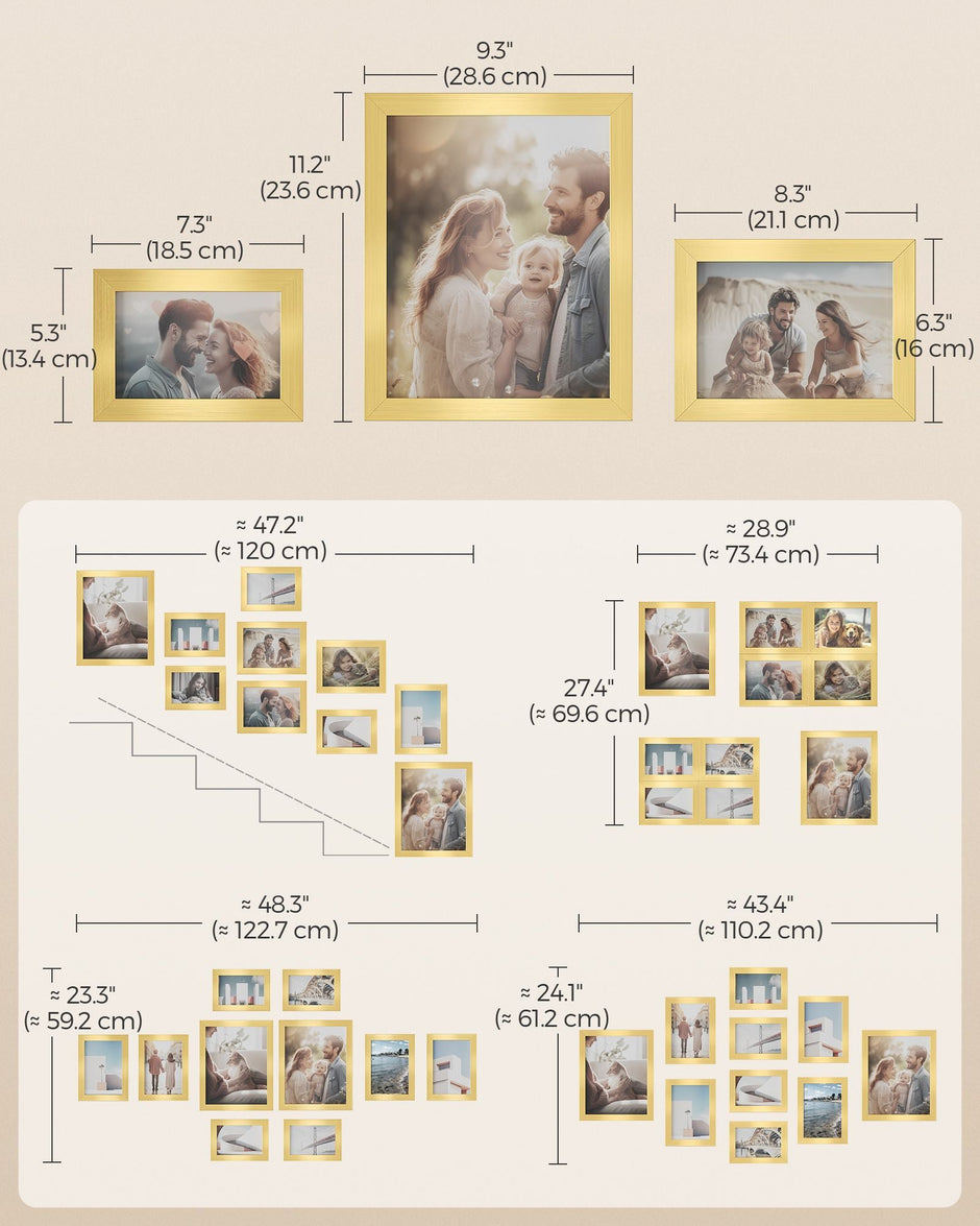 Set of 10 Picture Frames – Pale Gold – Assorted Sizes – Elegant Design