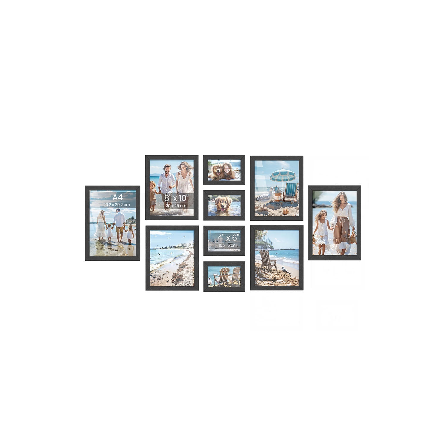 Set of 10 Picture Frames – Plastic Front & MDF – Ink Black – Assorted Sizes