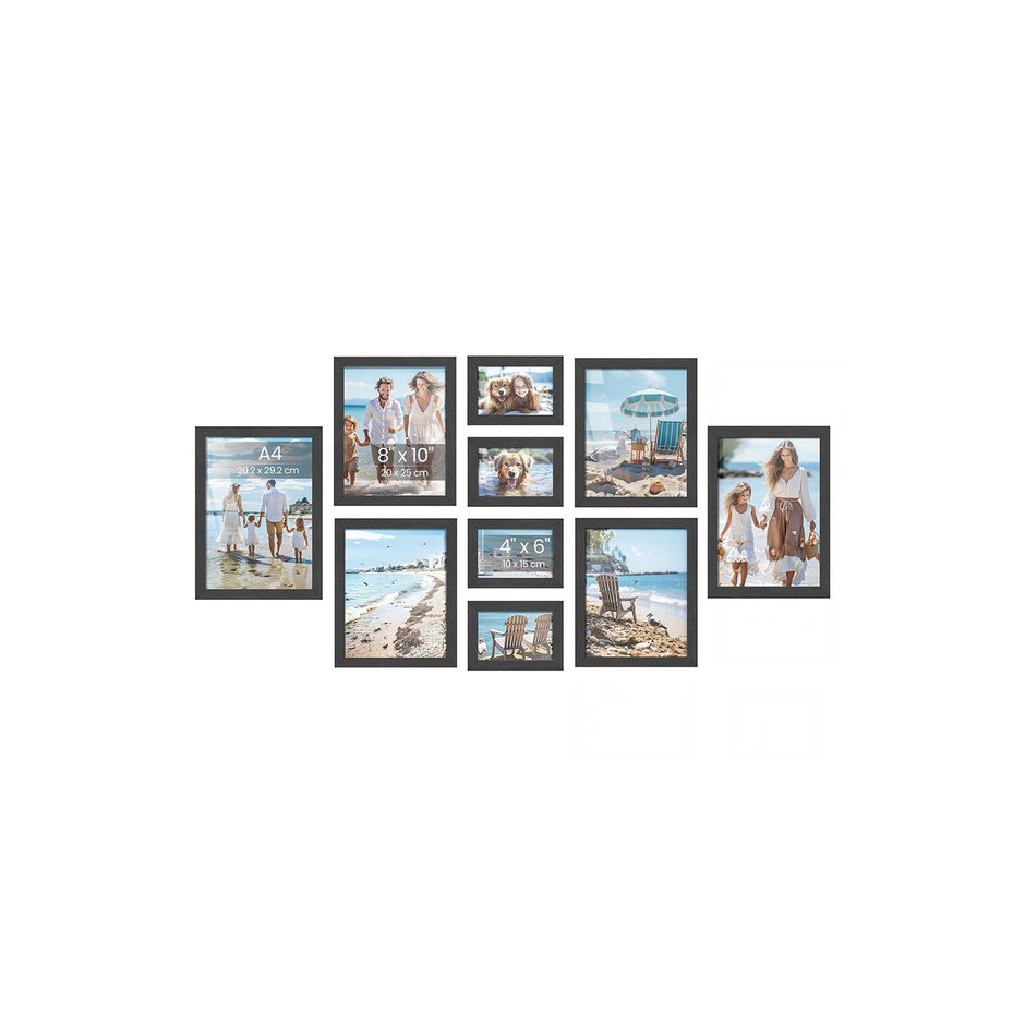 Set of 10 Picture Frames – Plastic Front & MDF – Ink Black – Assorted Sizes