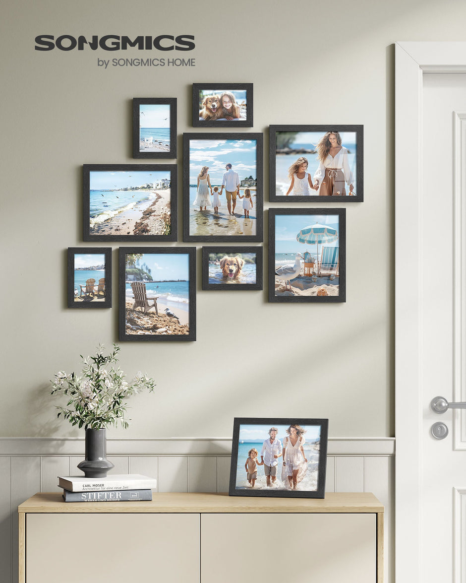 Set of 10 Picture Frames – Plastic Front & MDF – Ink Black – Assorted Sizes