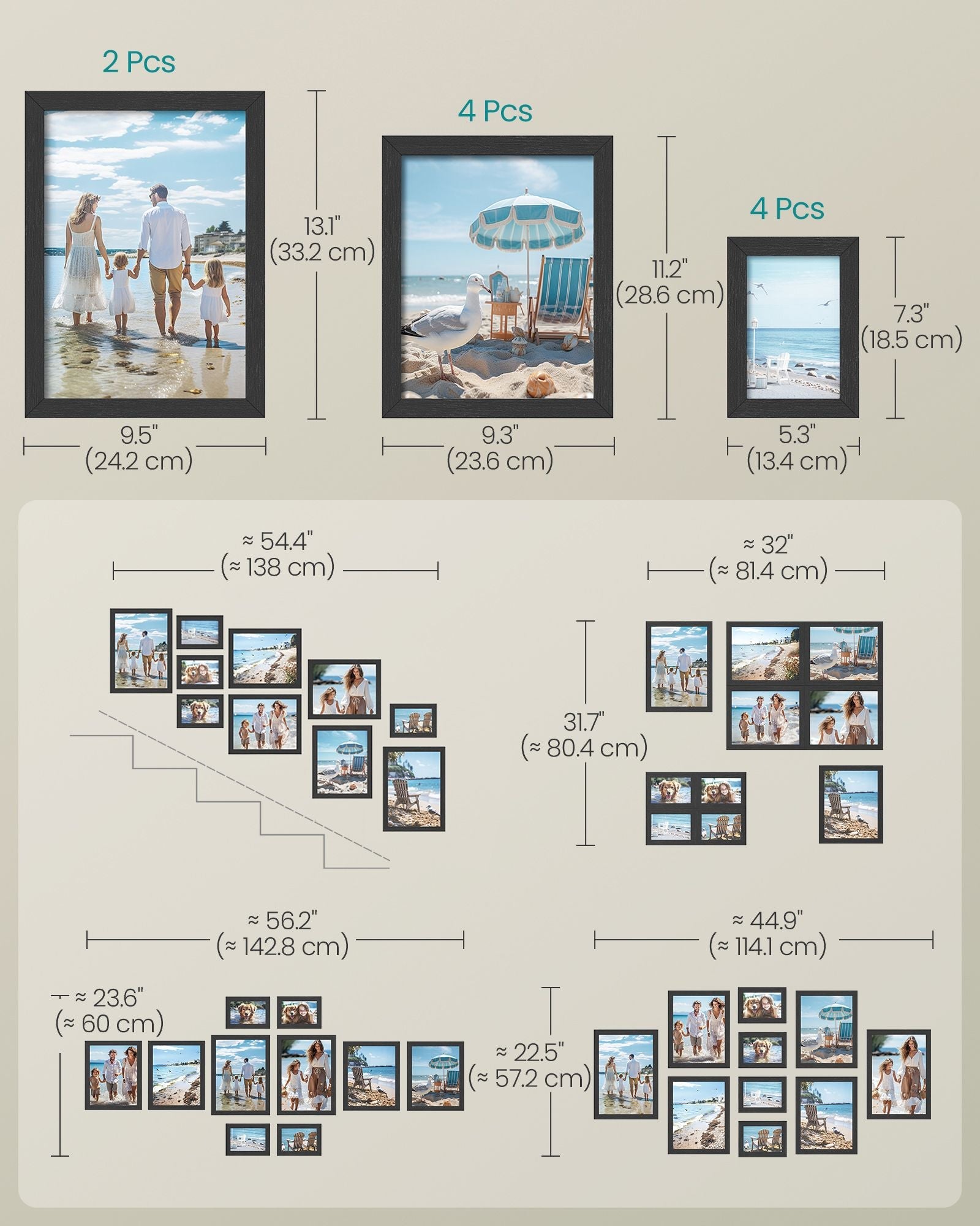 Set of 10 Picture Frames – Plastic Front & MDF – Ink Black – Assorted Sizes