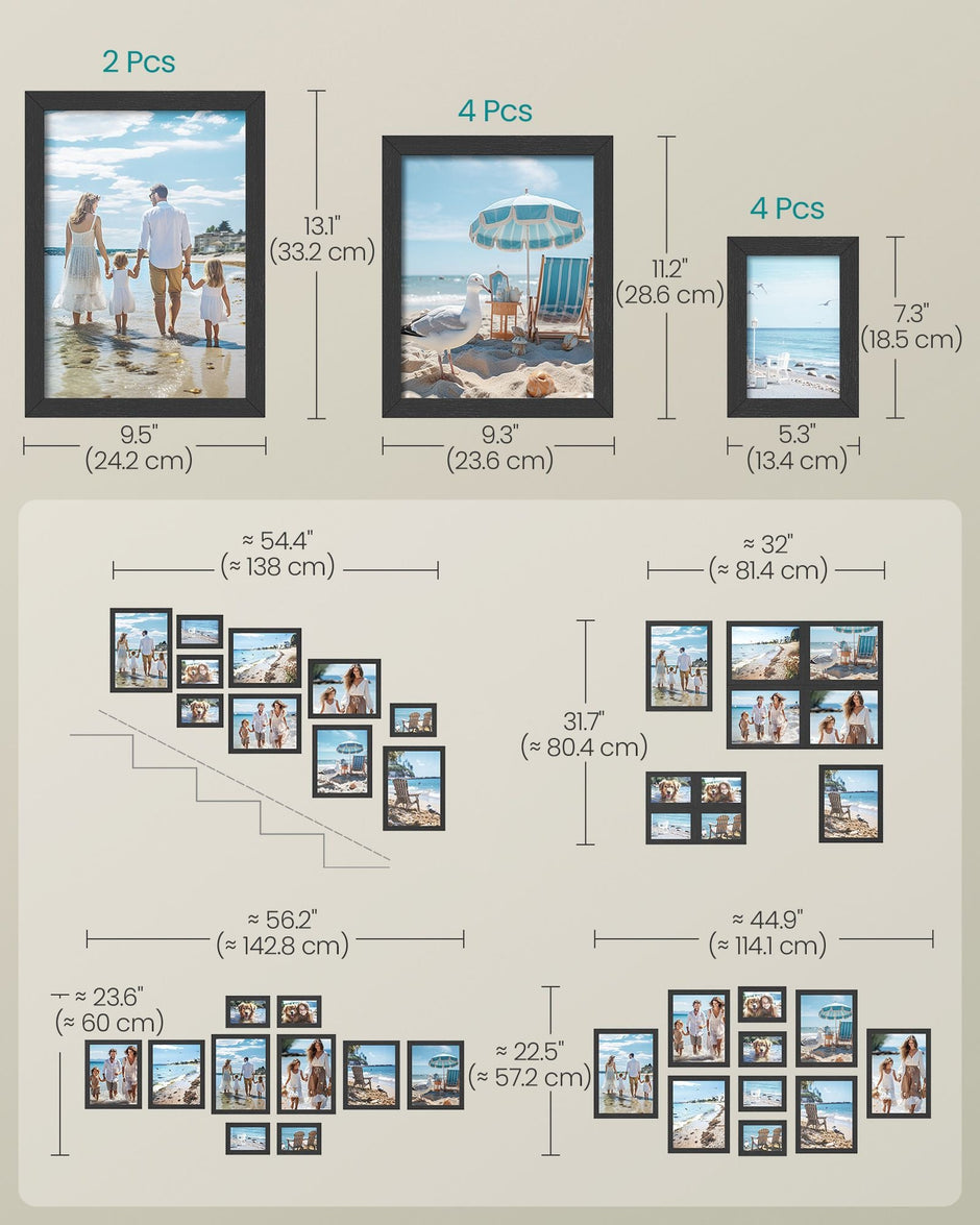 Set of 10 Picture Frames – Plastic Front & MDF – Ink Black – Assorted Sizes