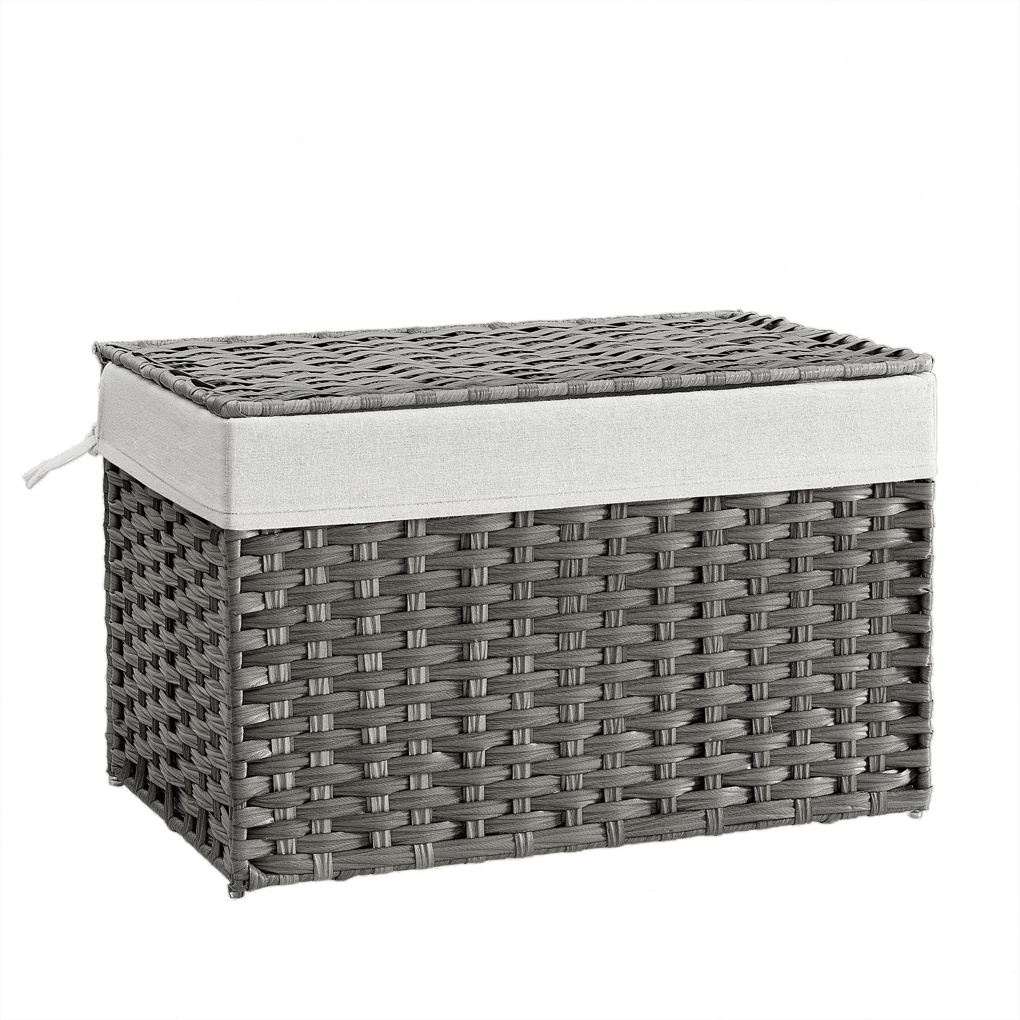 Laundry Basket – Synthetic Rattan – Grey – Foldable with Lid and Removable Liners