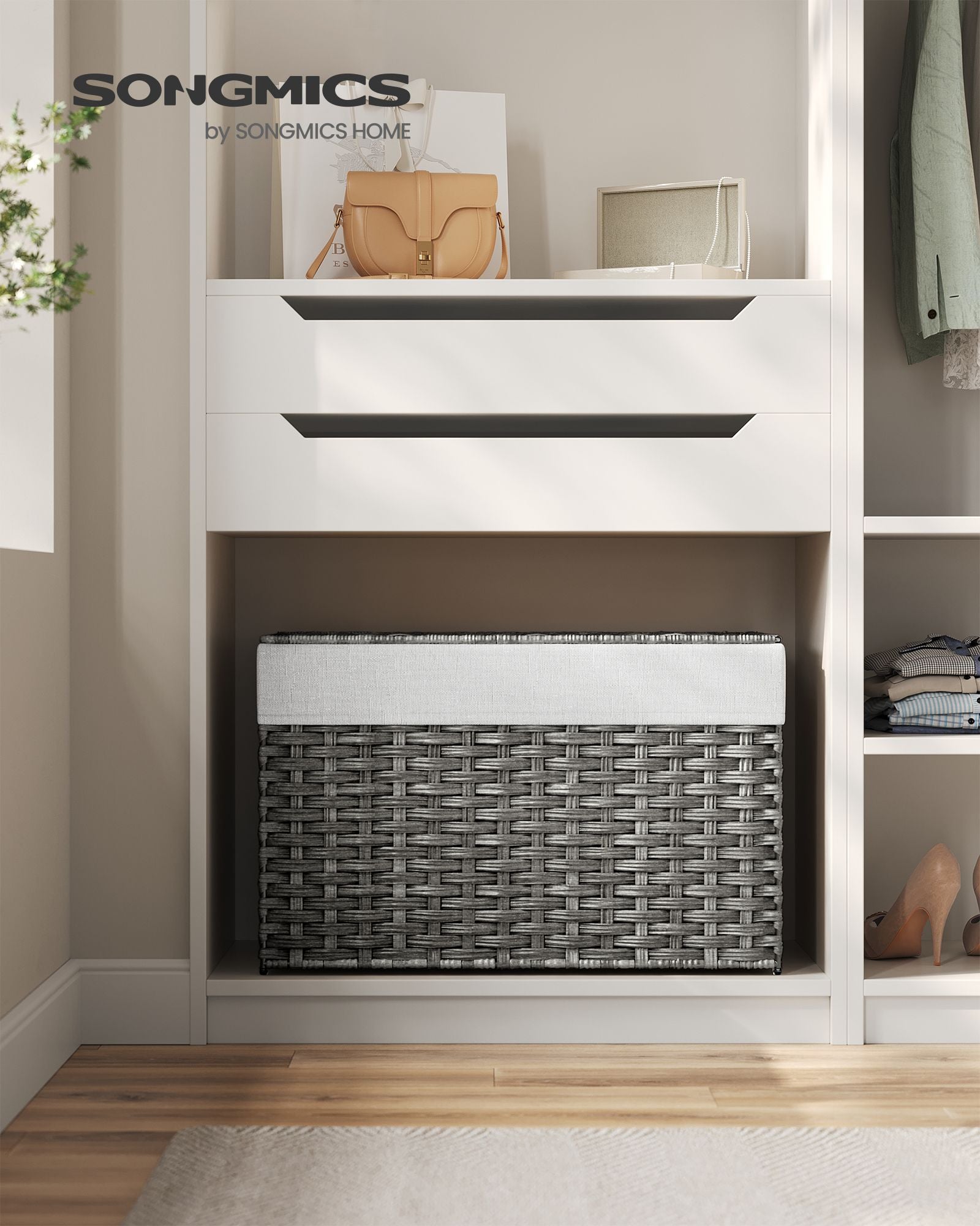 Laundry Basket – Synthetic Rattan – Grey – Foldable with Lid and Removable Liners