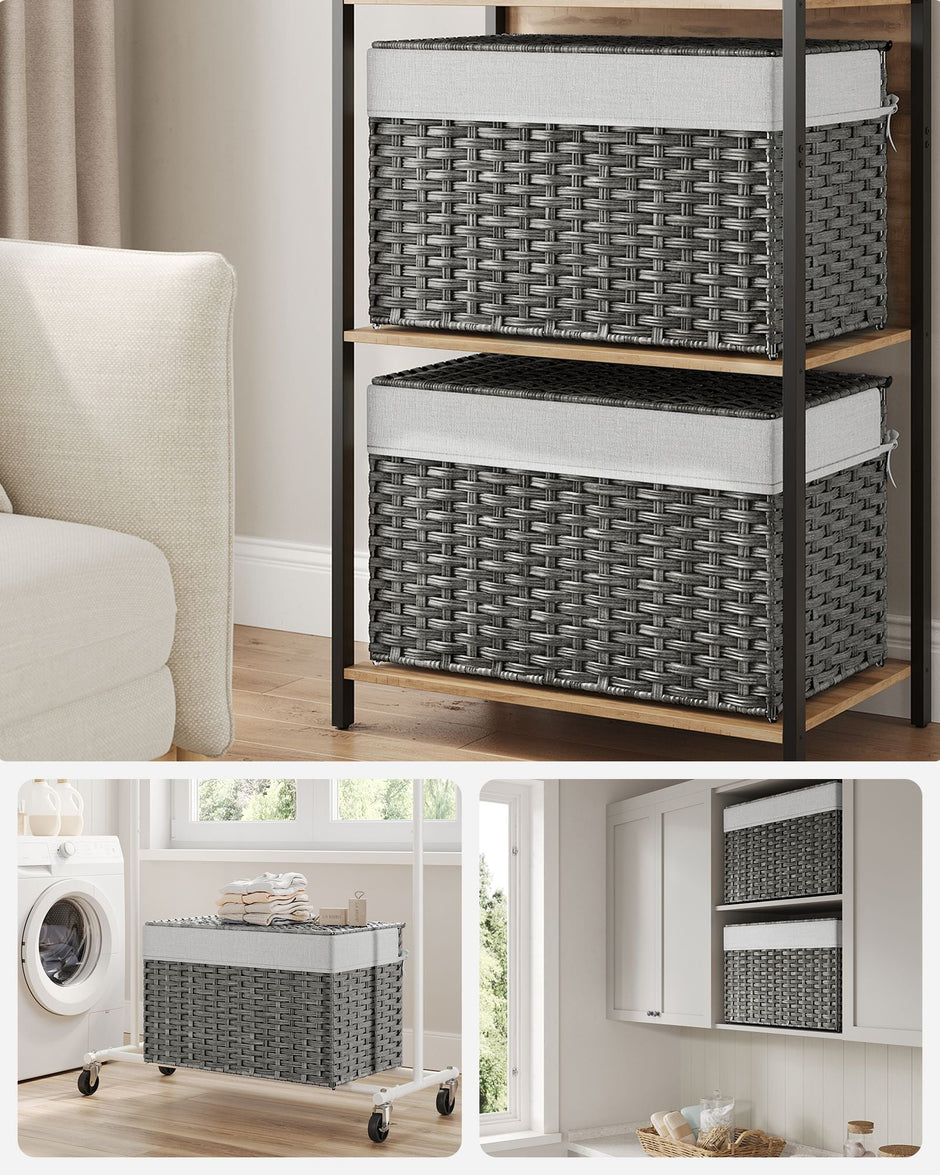Laundry Basket – Synthetic Rattan – Grey – Foldable with Lid and Removable Liners