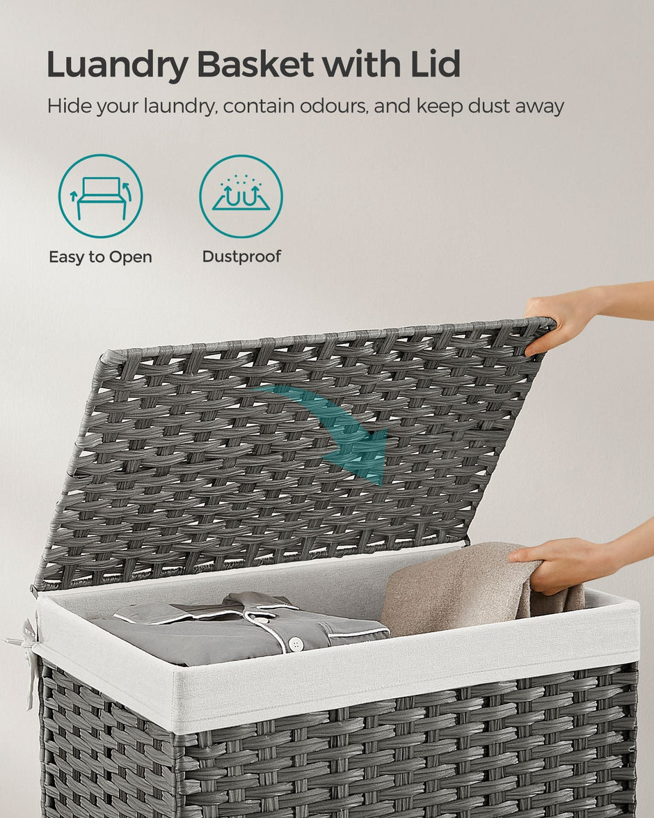 Laundry Basket – Synthetic Rattan – Grey – Foldable with Lid and Removable Liners