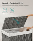 Laundry Basket – Synthetic Rattan – Grey – Foldable with Lid and Removable Liners