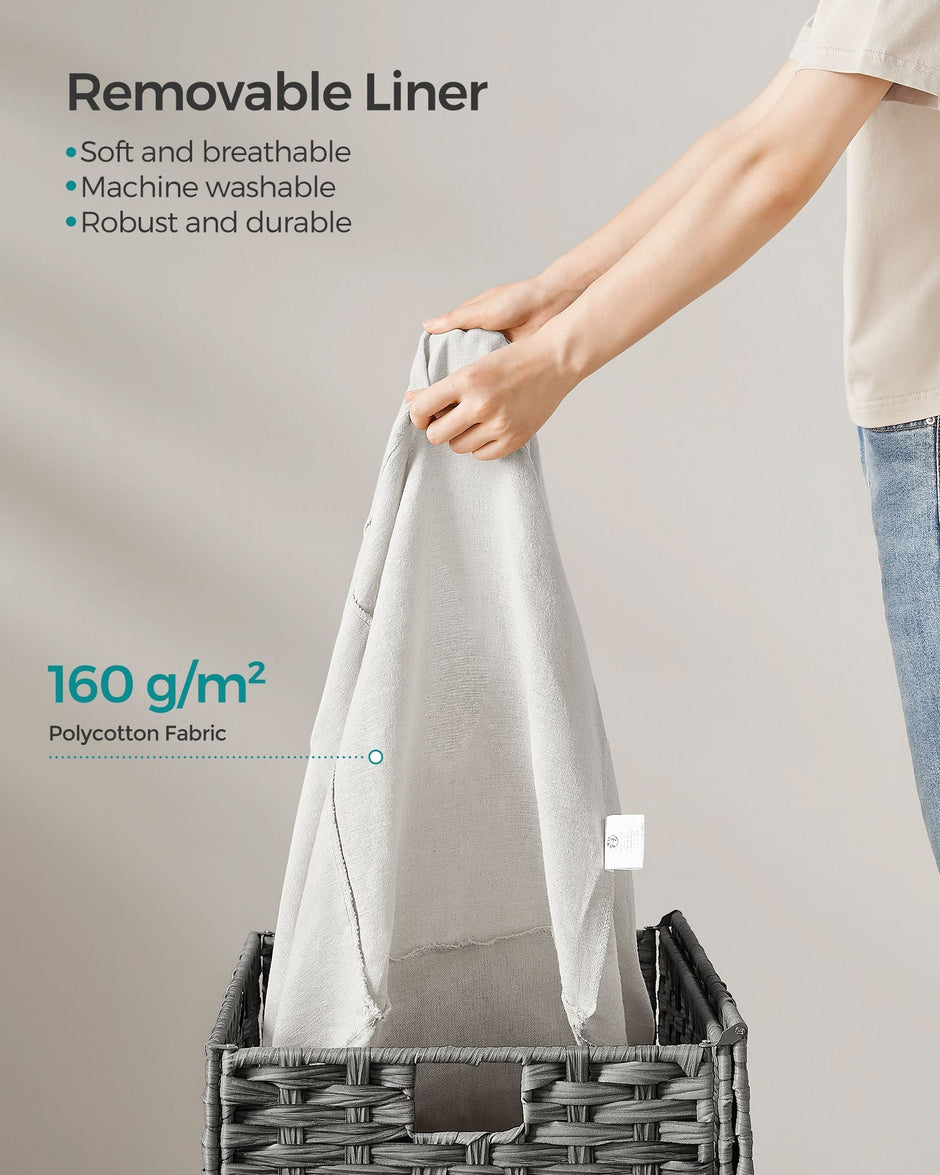 Laundry Basket – Synthetic Rattan – Grey – Foldable with Lid and Removable Liners