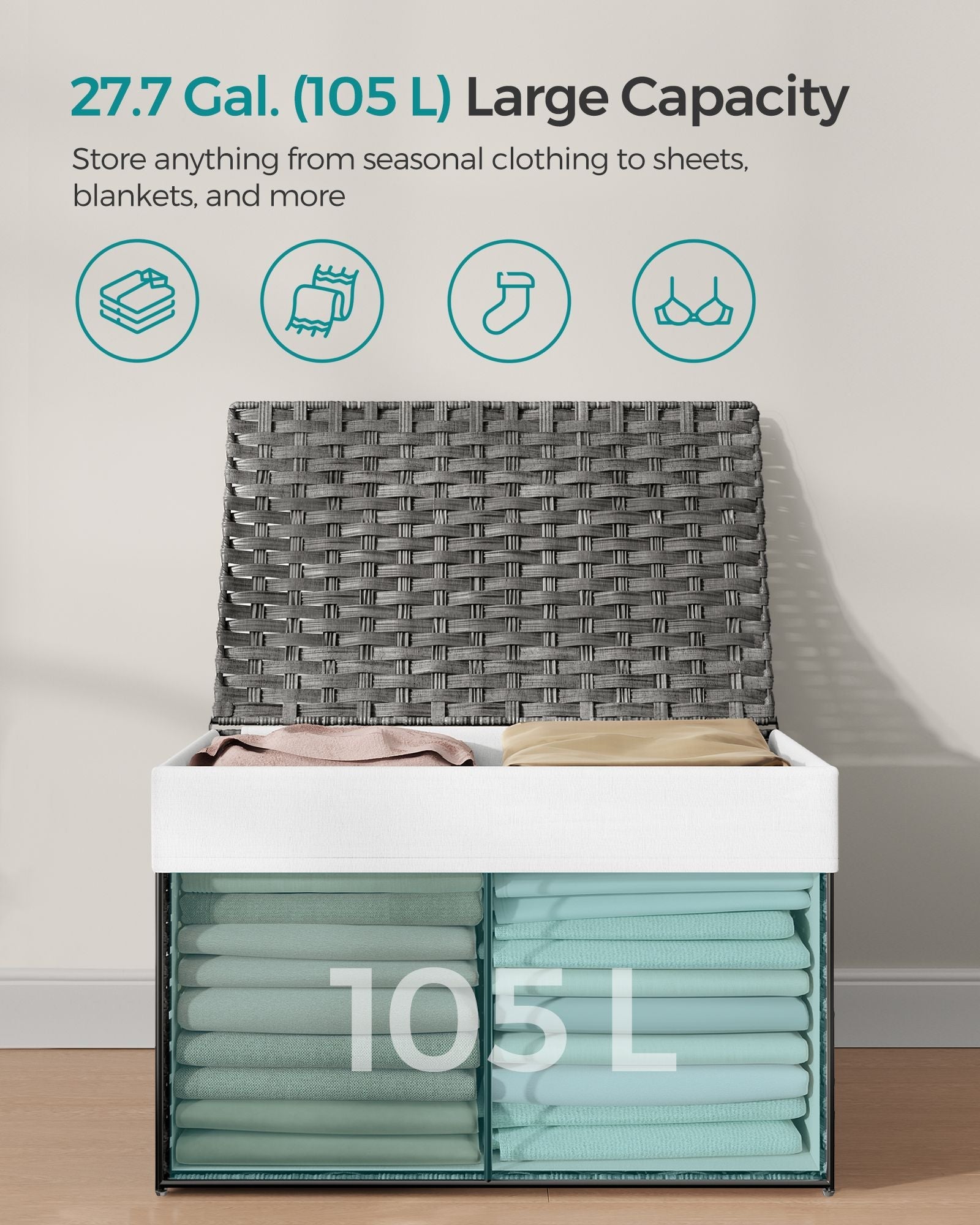Laundry Basket – Synthetic Rattan – Grey – Foldable with Lid and Removable Liners