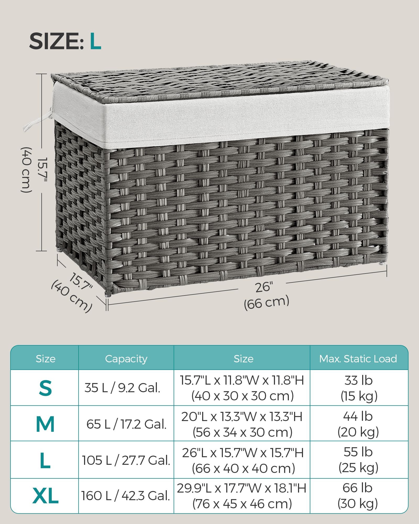 Laundry Basket – Synthetic Rattan – Grey – Foldable with Lid and Removable Liners