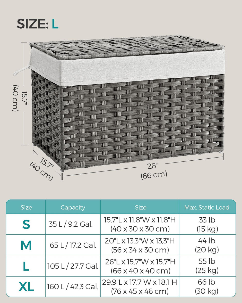 Laundry Basket – Synthetic Rattan – Grey – Foldable with Lid and Removable Liners