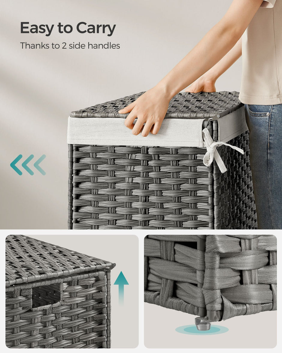 Laundry Basket – Synthetic Rattan – Grey – Foldable with Lid and Removable Liners