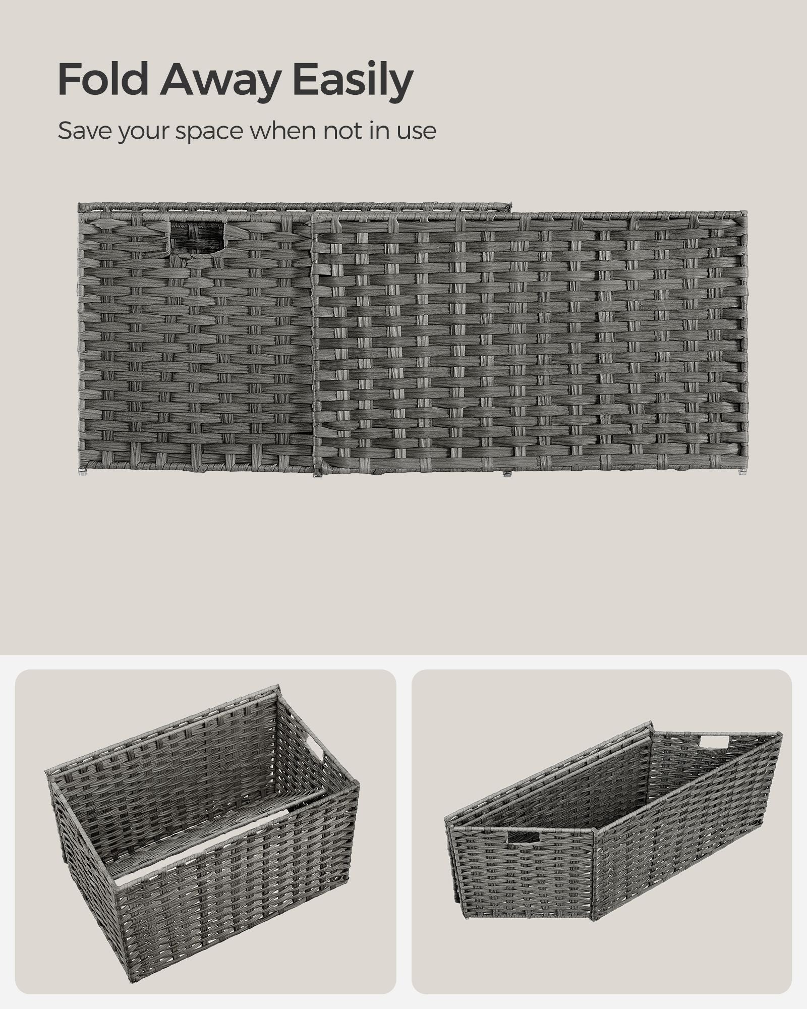 Laundry Basket – Synthetic Rattan – Grey – Foldable with Lid and Removable Liners