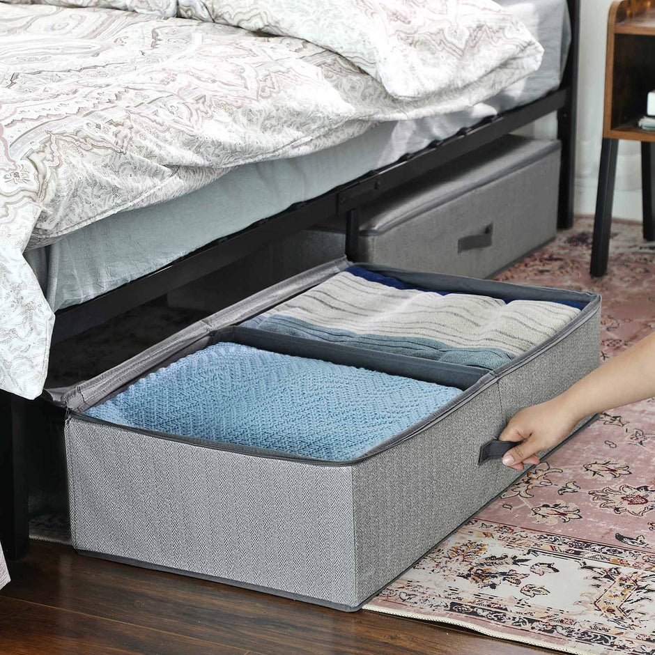 Foldable Underbed Storage Bag – Fabric – Grey – Adjustable Divider for Clothes and Bedding