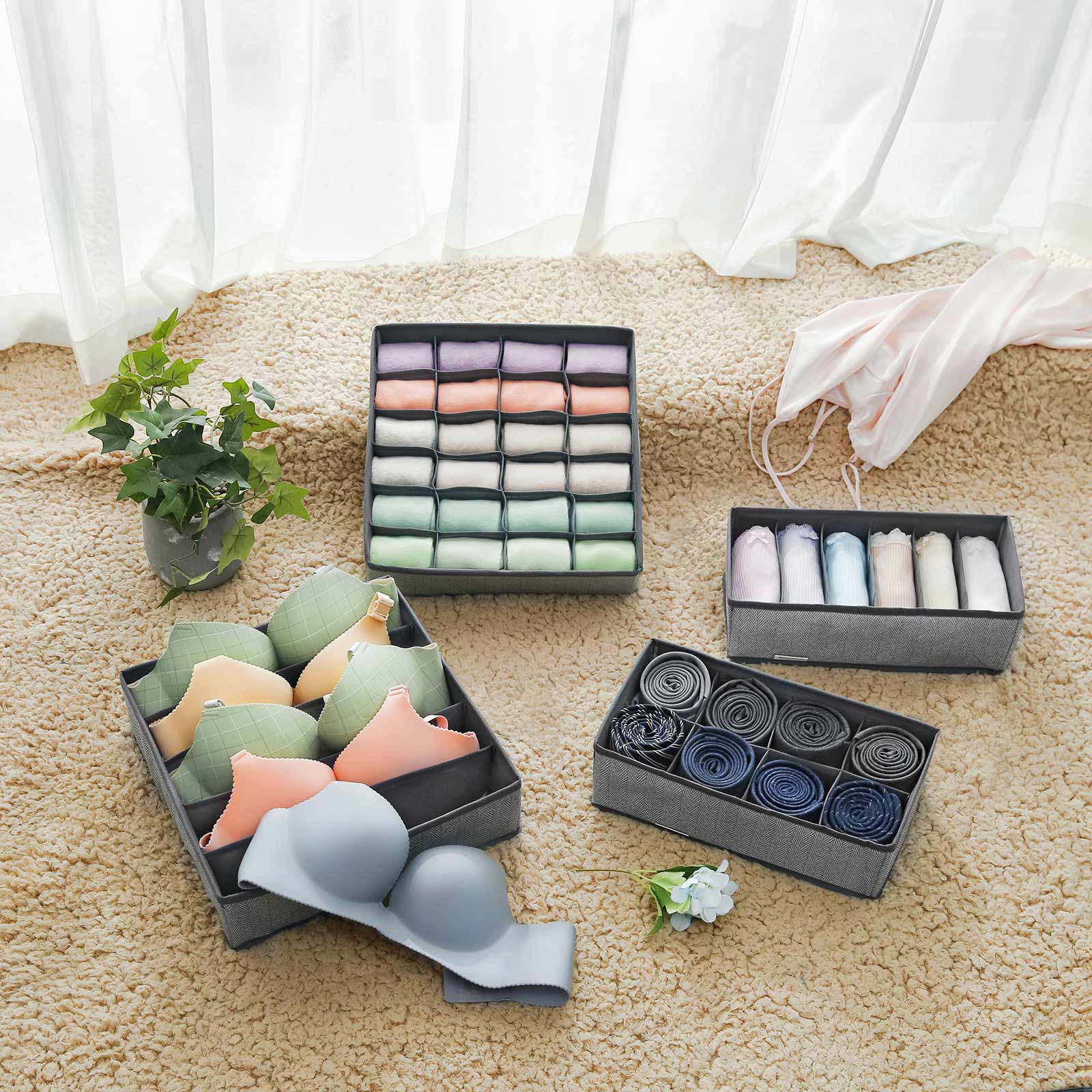 Set of 4 Foldable Drawer Organizers – Non-Woven Fabric – Grey – Space Saving Design for Underwear, Socks, and Ties