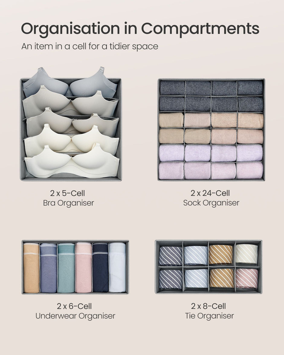 Foldable Underwear Organizer – Fabric – Dove Grey – Set of 8 with Drawer Dividers
