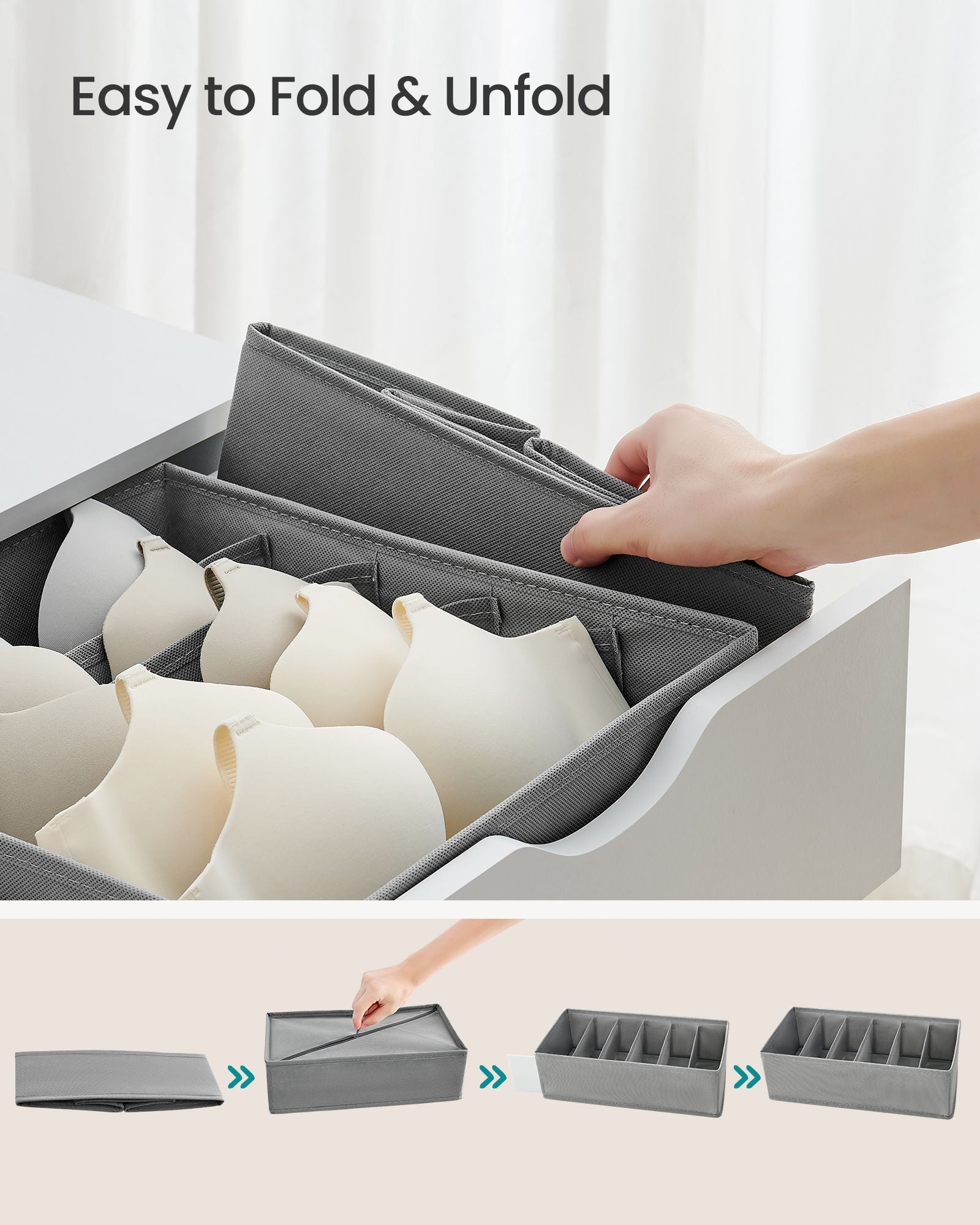 Foldable Underwear Organizer – Fabric – Dove Grey – Set of 8 with Drawer Dividers