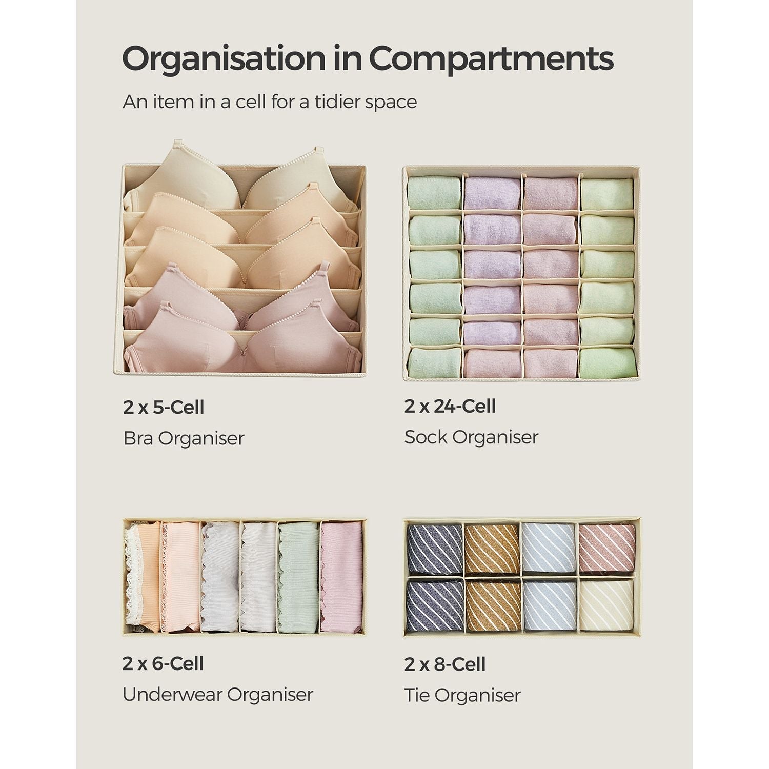 Set of 8 Fabric Underwear Drawer Organisers – Grey – Foldable Design