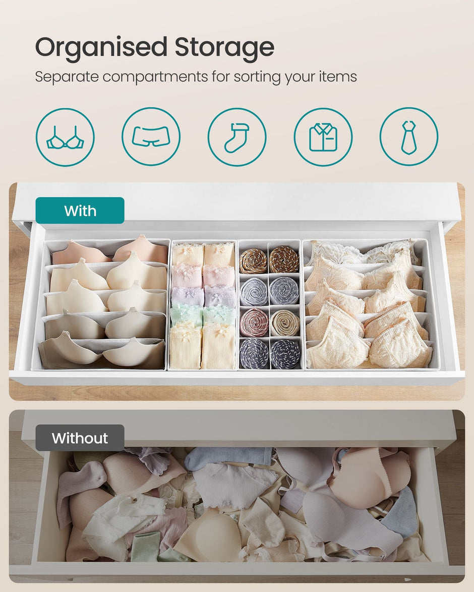 Set of 8 Foldable Fabric Drawer Organisers – Grey – Ideal for Underwear, Bras, Socks, Ties, and Scarves