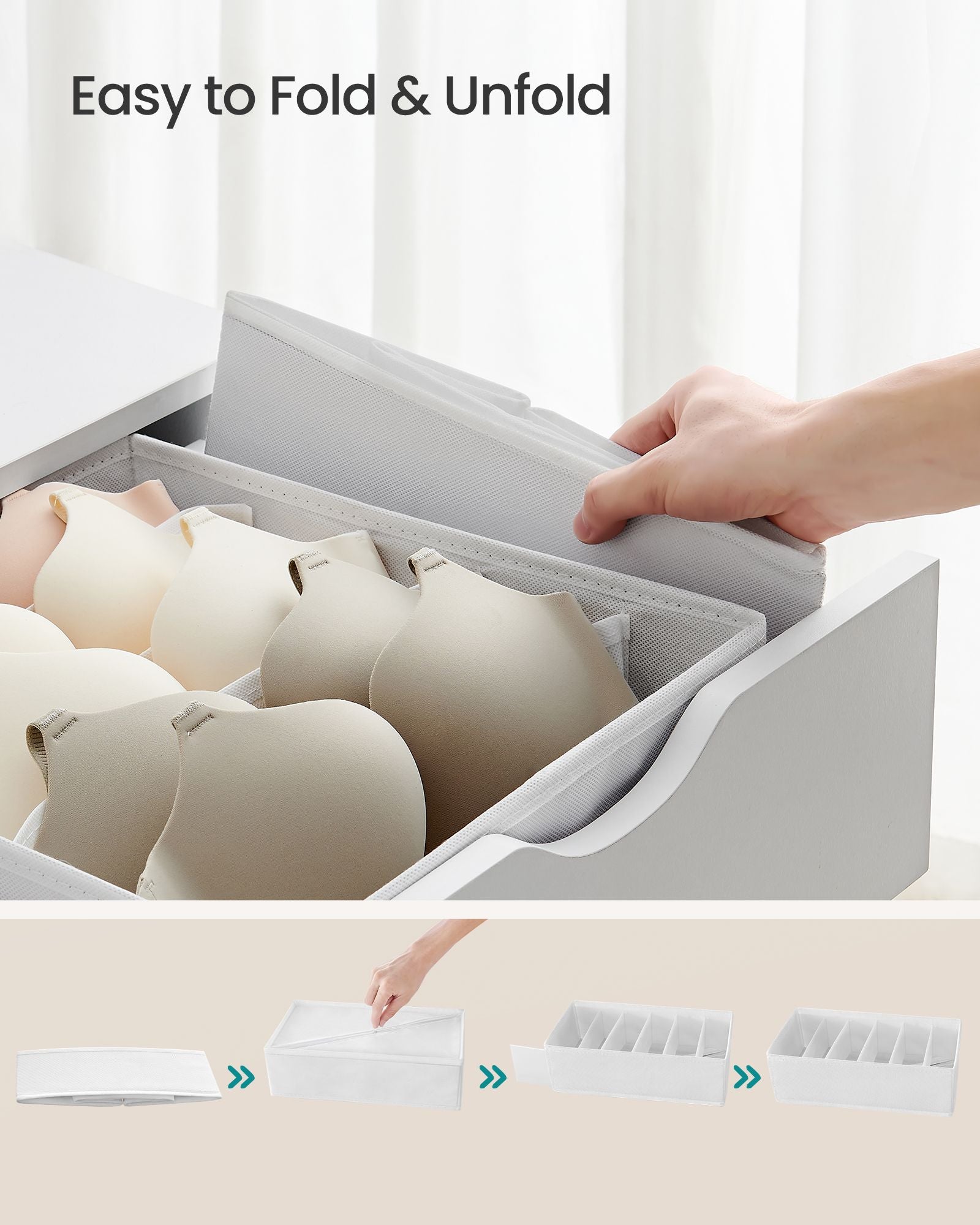 Set of 8 Foldable Fabric Drawer Organisers – Grey – Ideal for Underwear, Bras, Socks, Ties, and Scarves