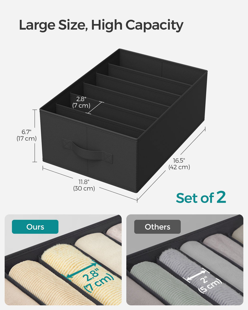 Drawer Organisers – Fabric – Classic Black – Set of 2 with 6 Compartments