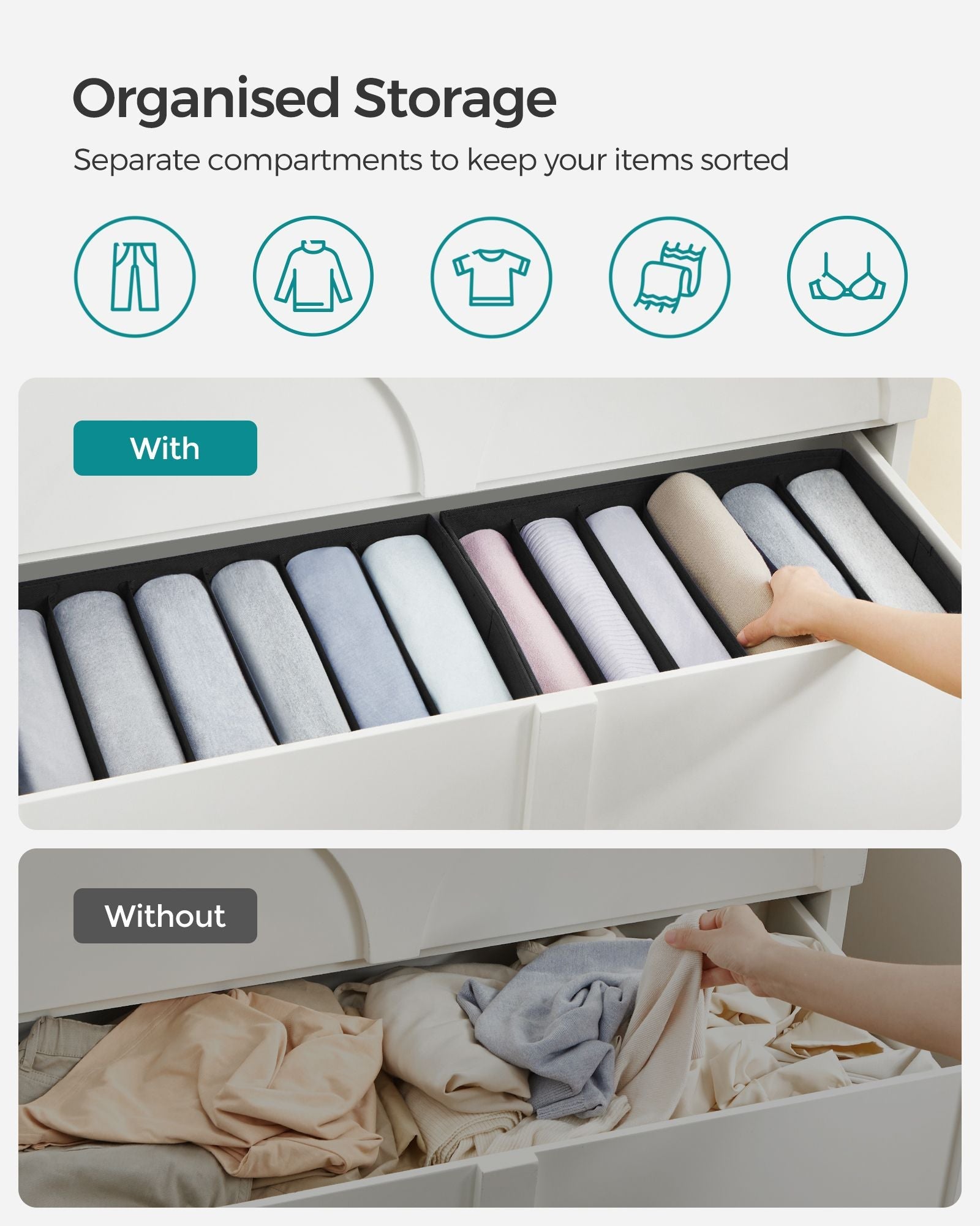 Drawer Organiser Set – Fabric – Classic Black – Set of 4, 6-Compartment Design