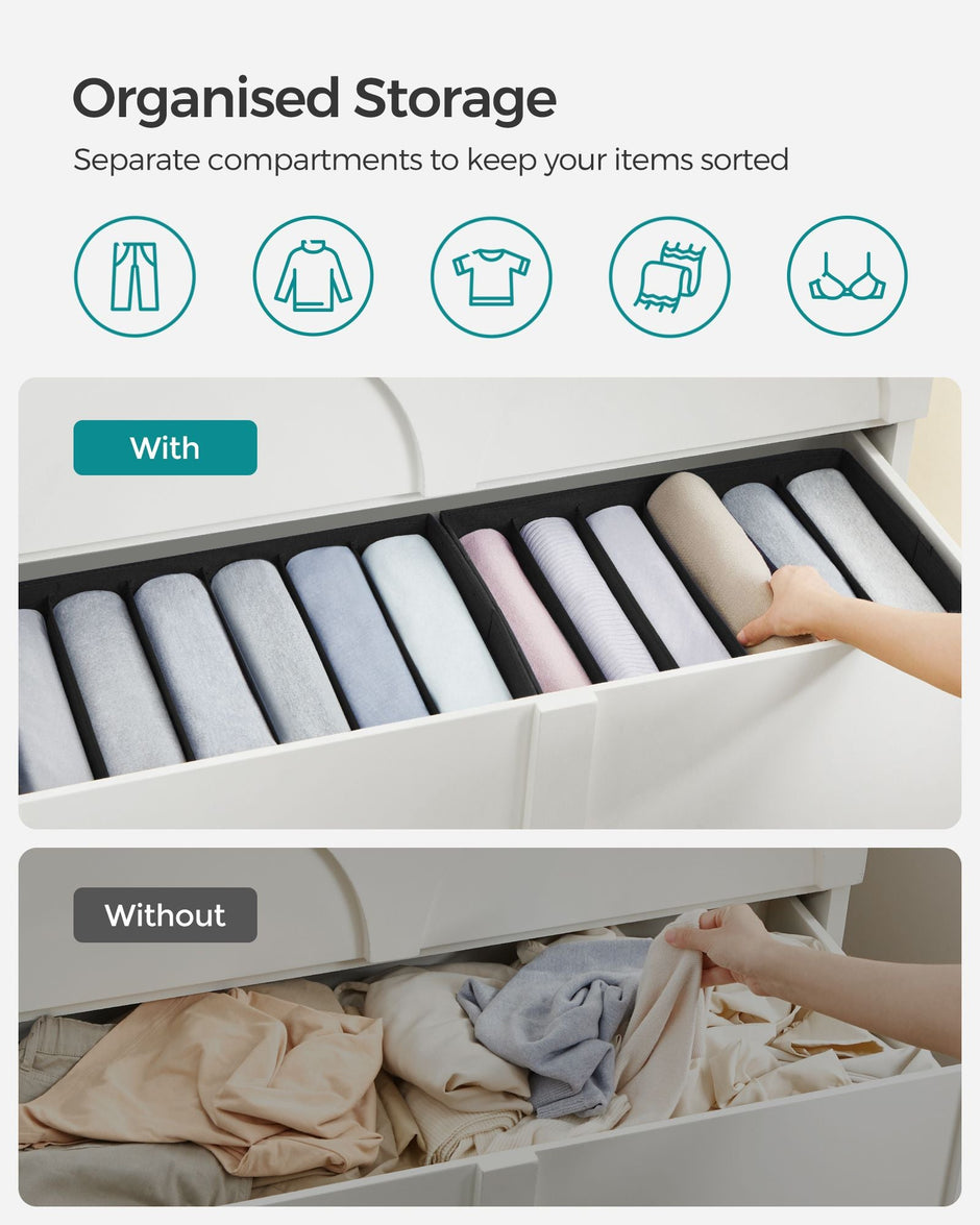 Drawer Organiser Set – Fabric – Classic Black – Set of 4, 6-Compartment Design