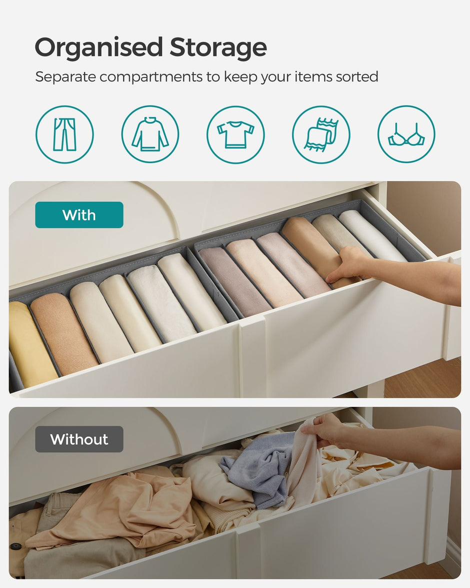 Drawer Organisers – Fabric – Dove Grey – Set of 2 with 6 Compartments
