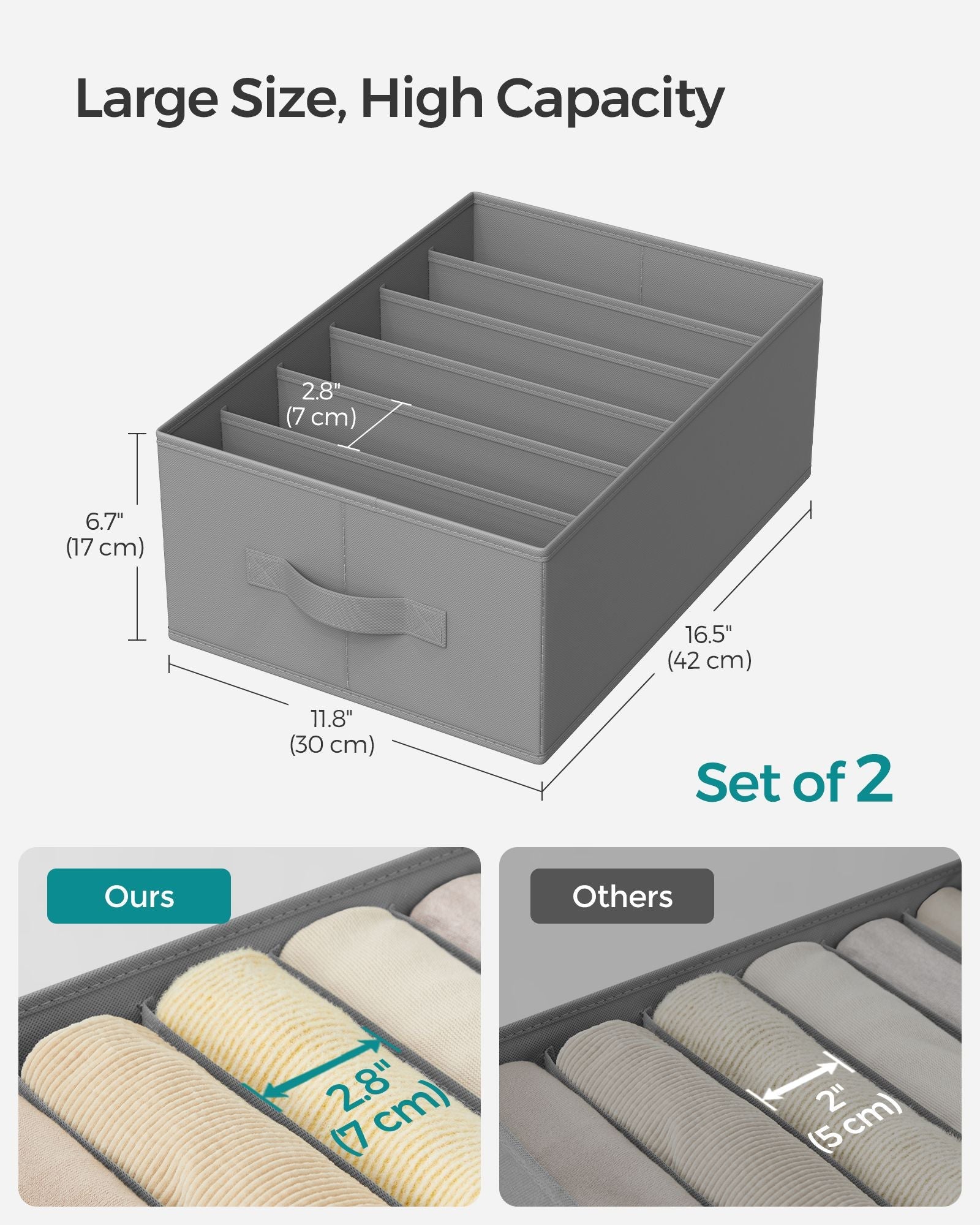 Drawer Organisers – Fabric – Dove Grey – Set of 2 with 6 Compartments