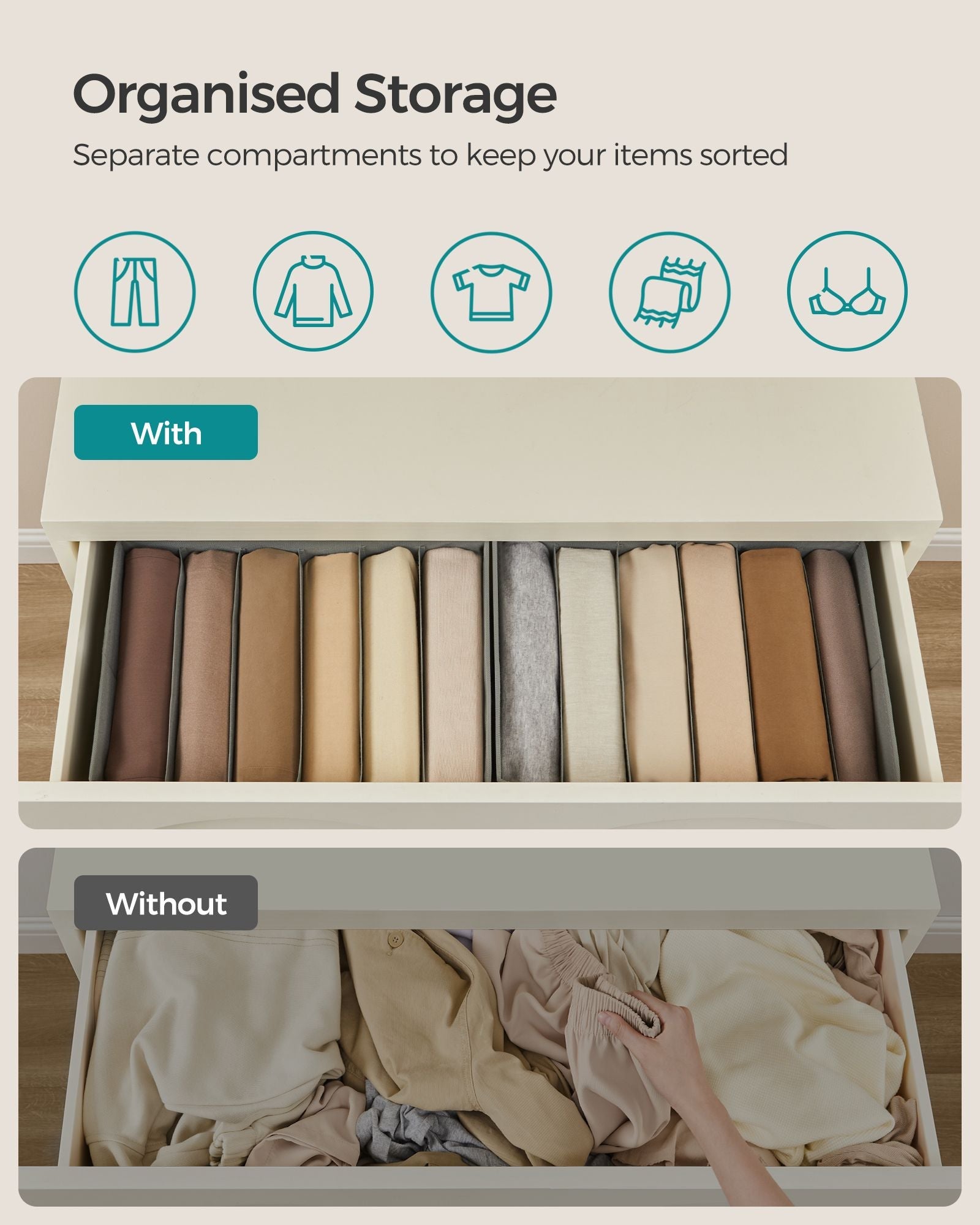 Set of 2 Drawer Organisers – Fabric – Dove Grey – 6 Compartments