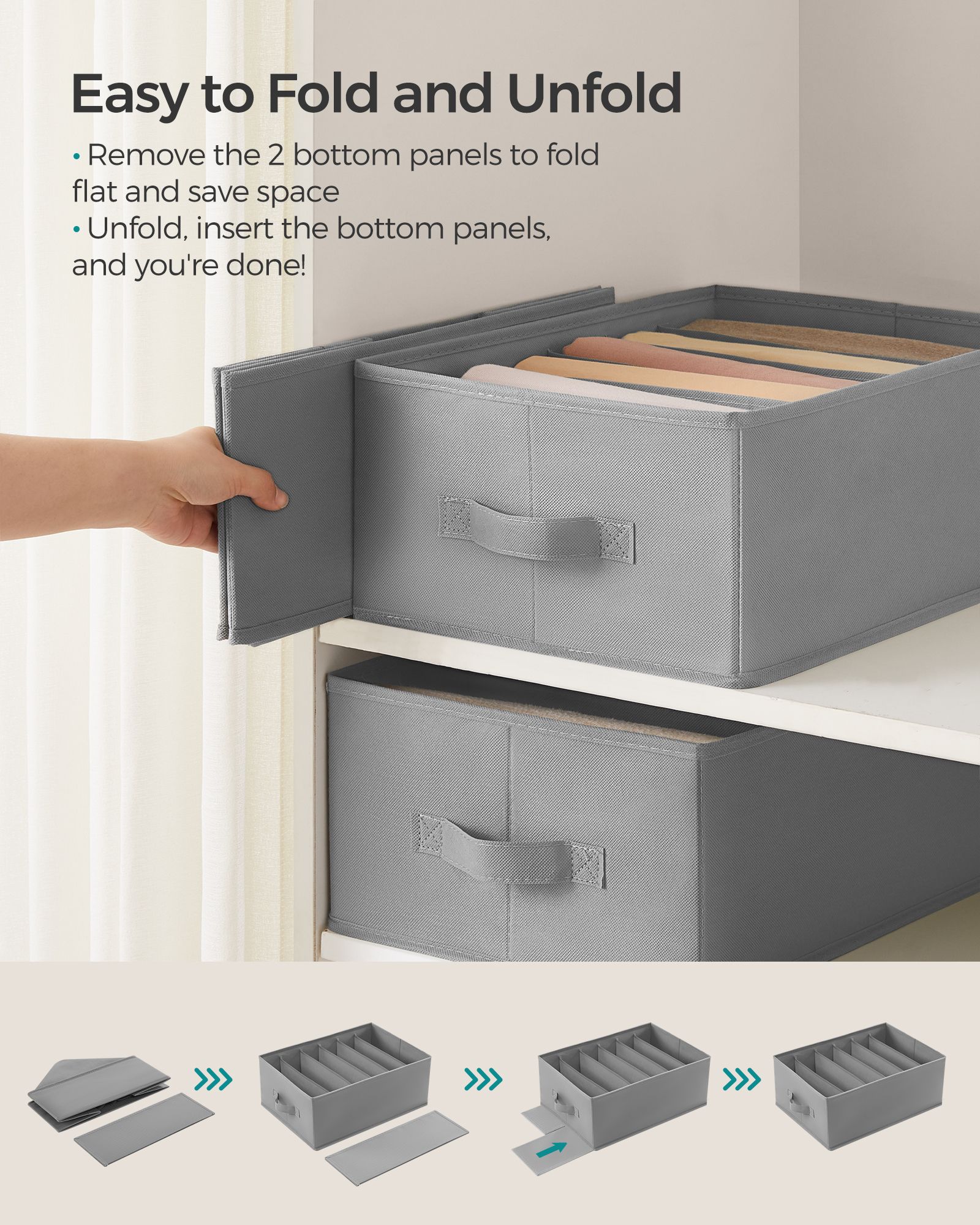 Set of 2 Drawer Organisers – Fabric – Dove Grey – 6 Compartments