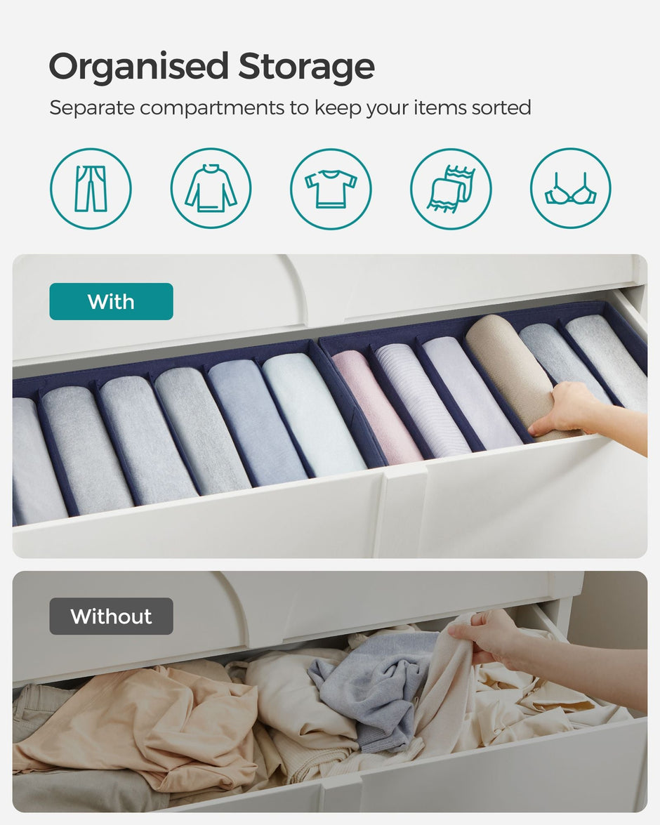 Drawer Organisers – Fabric – Charcoal Blue – Set of 2, 6-Compartment, Foldable