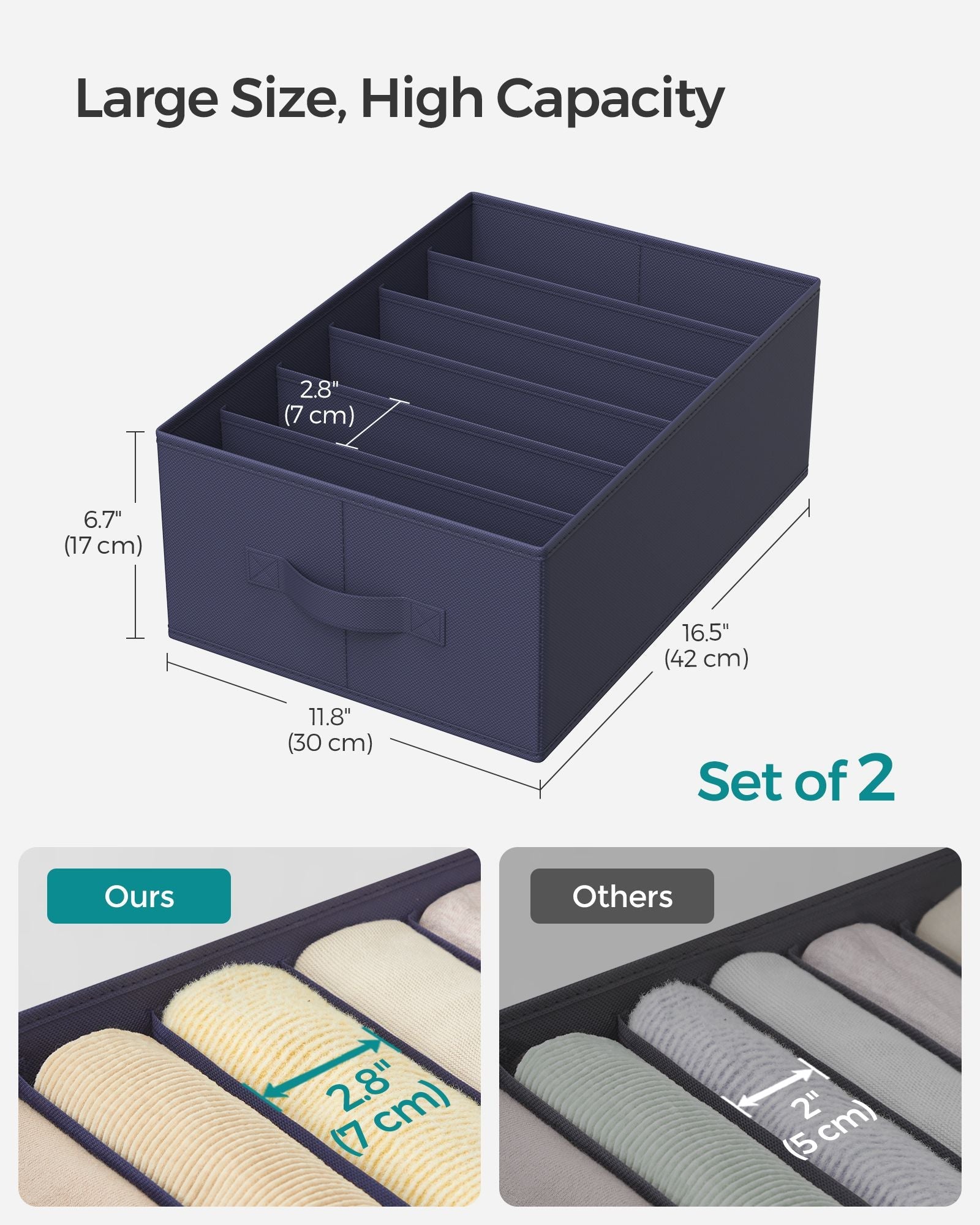 Drawer Organisers – Fabric – Charcoal Blue – Set of 2, 6-Compartment, Foldable